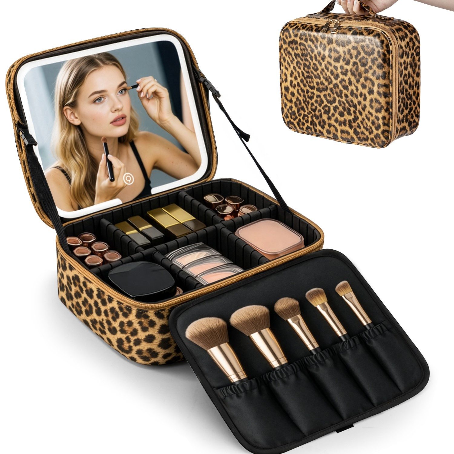 Youyijia Aufbewahrungsbox Reise Make-up Tasche mit LED Spiegel, 3 Lichtfarben & Dimmbar