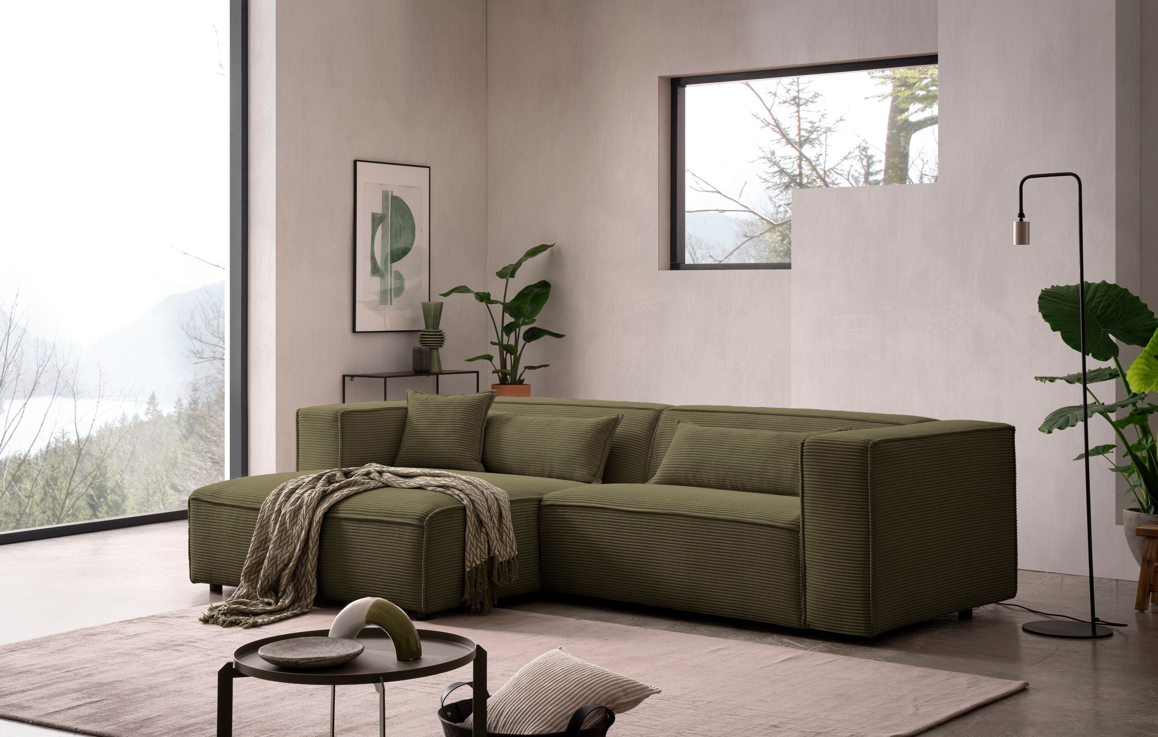 LeGer Home by Lena Gercke Ecksofa PIARA mit Kedernaht, Cord, Leinenoptik o. Strukturstoff, Couch, L-Form, wahlweise Ottomane rechts/links, schwarze Füße, bequemer Sitzkomfort