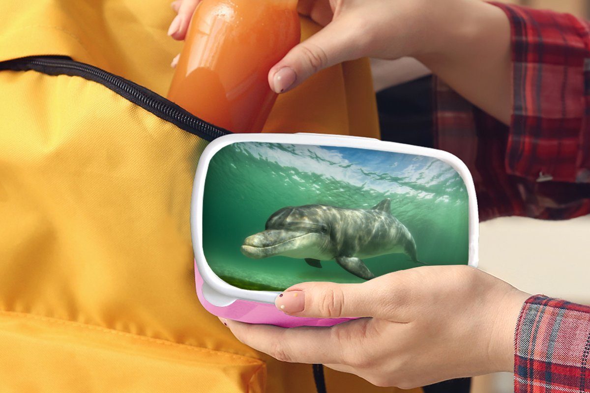Kunststoff, MuchoWow - (2-tlg), Brotdose rosa Kunststoff Brotbox - für Tiere Lunchbox Mädchen, Wasser, Erwachsene, Delfin Kinder, Snackbox,