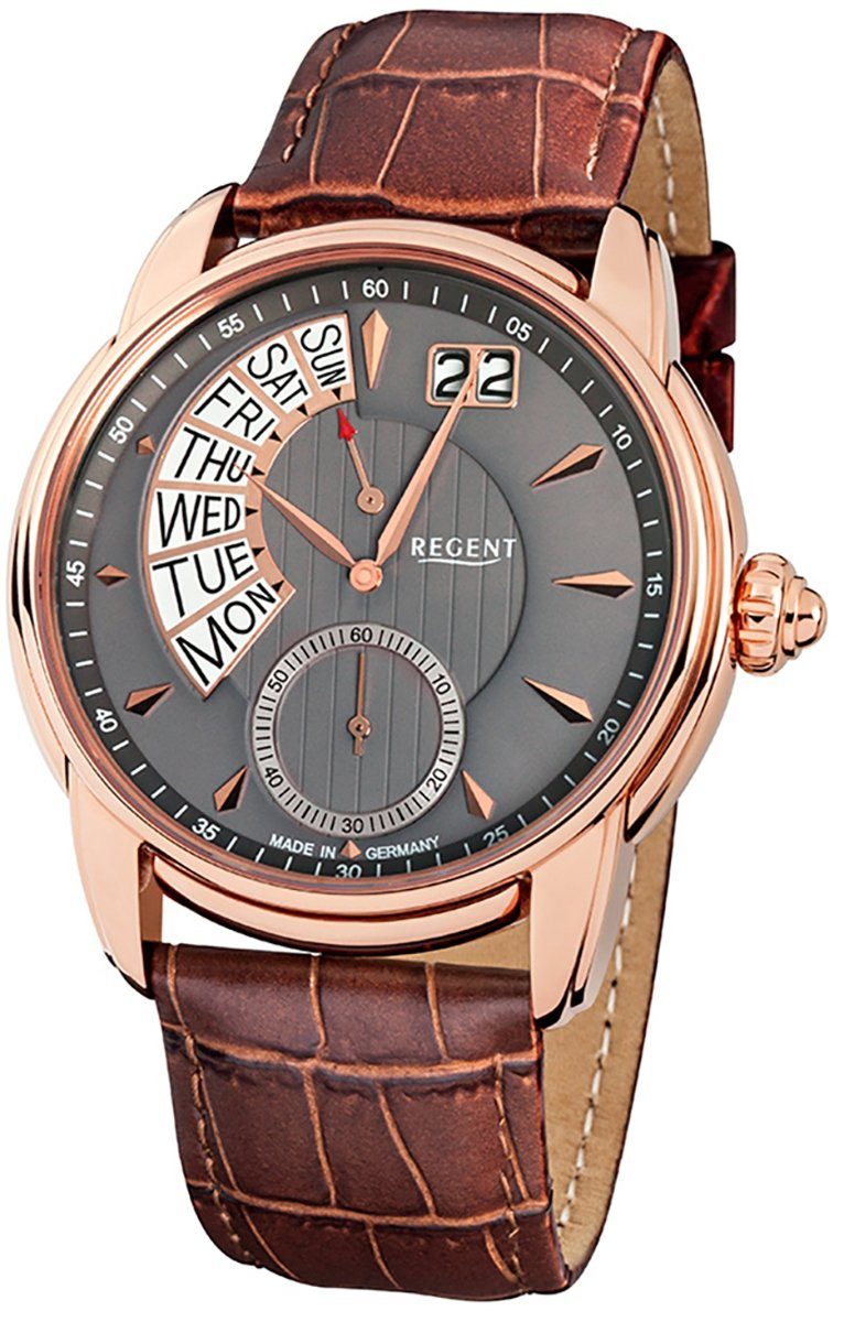 Regent Quarzuhr Regent Herren Uhr GM-1437 Leder Quarz, Herren Armbanduhr rund, groß (ca. 42mm), Lederarmband