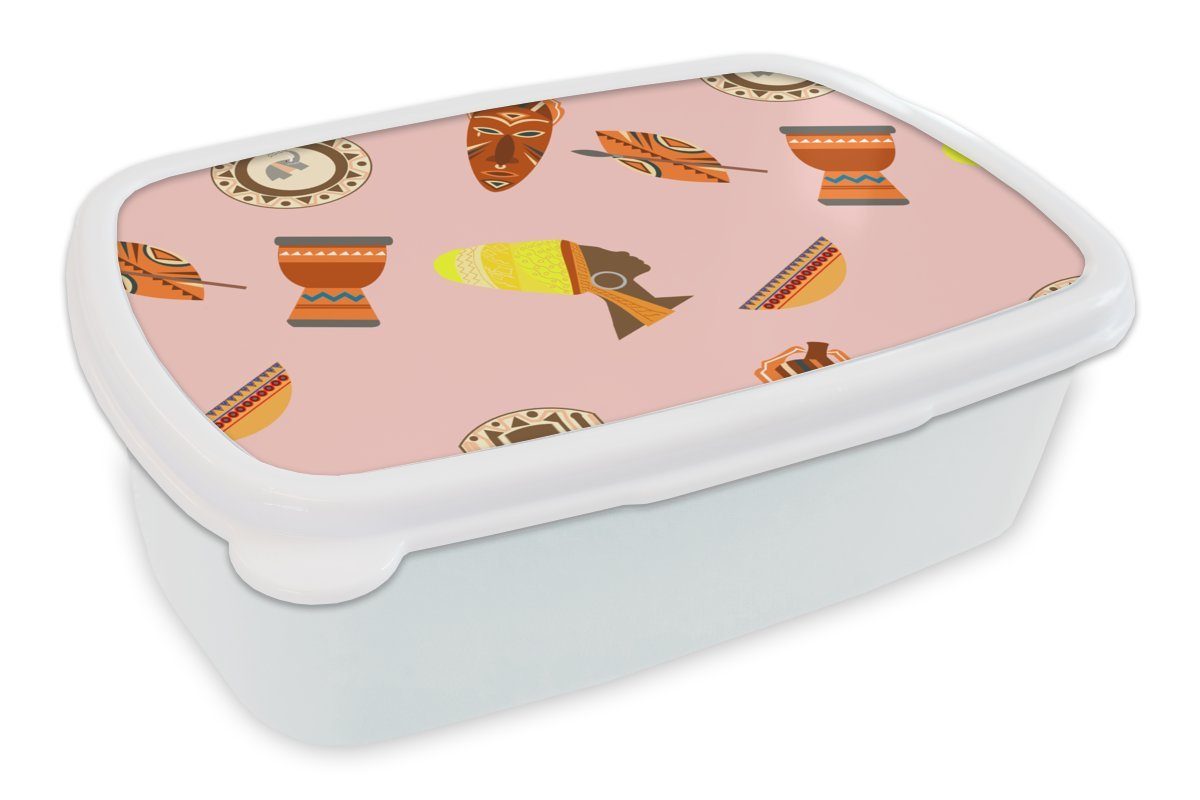 MuchoWow Lunchbox Afrika - Djembé - Schnittmuster - Afrikanische Masken, Kunststoff, (2-tlg), Brotbox für Kinder und Erwachsene, Brotdose, für Jungs und Mädchen weiß