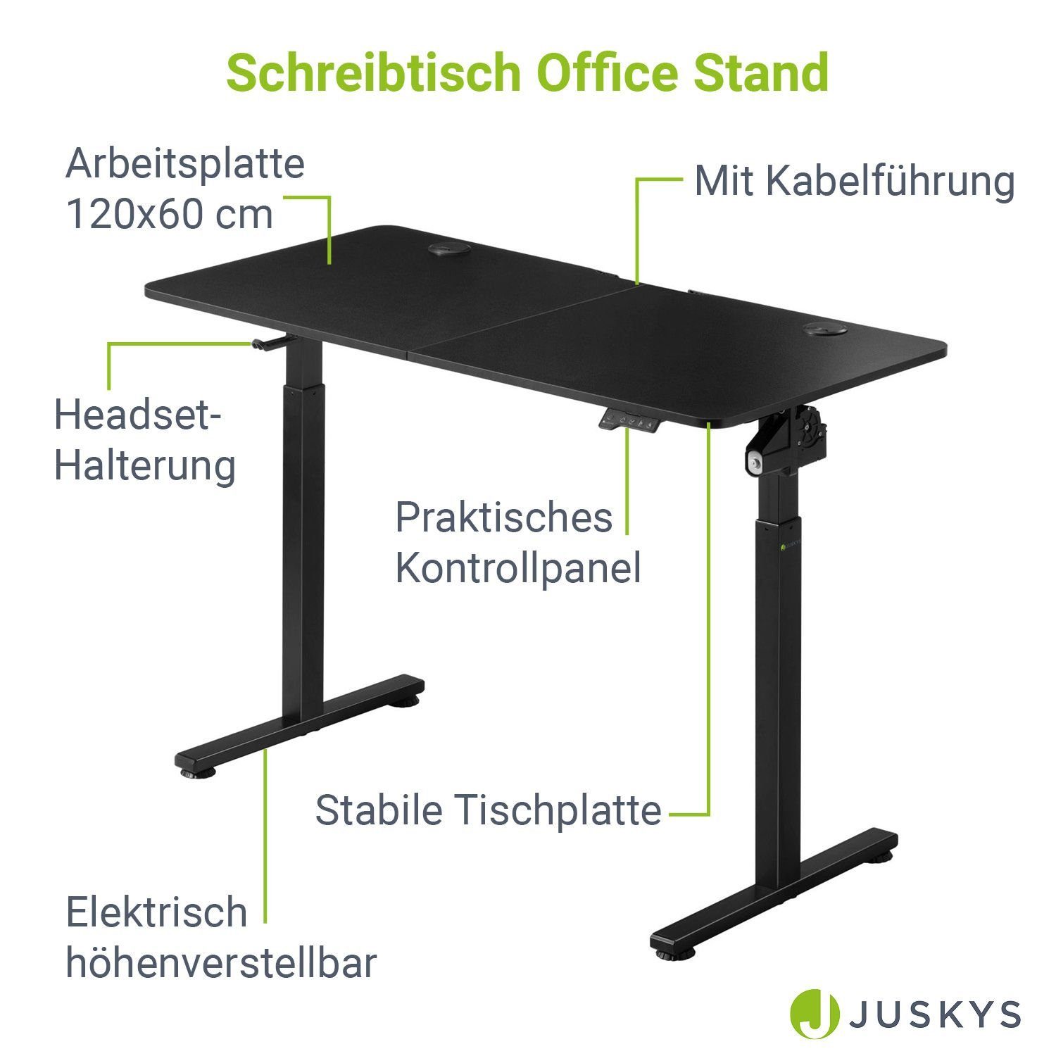 x Schwarz verstellbar, 120 cm, 60 Juskys elektrisch Schreibtisch Office Stand, Kabelführung Headset-Halterung,