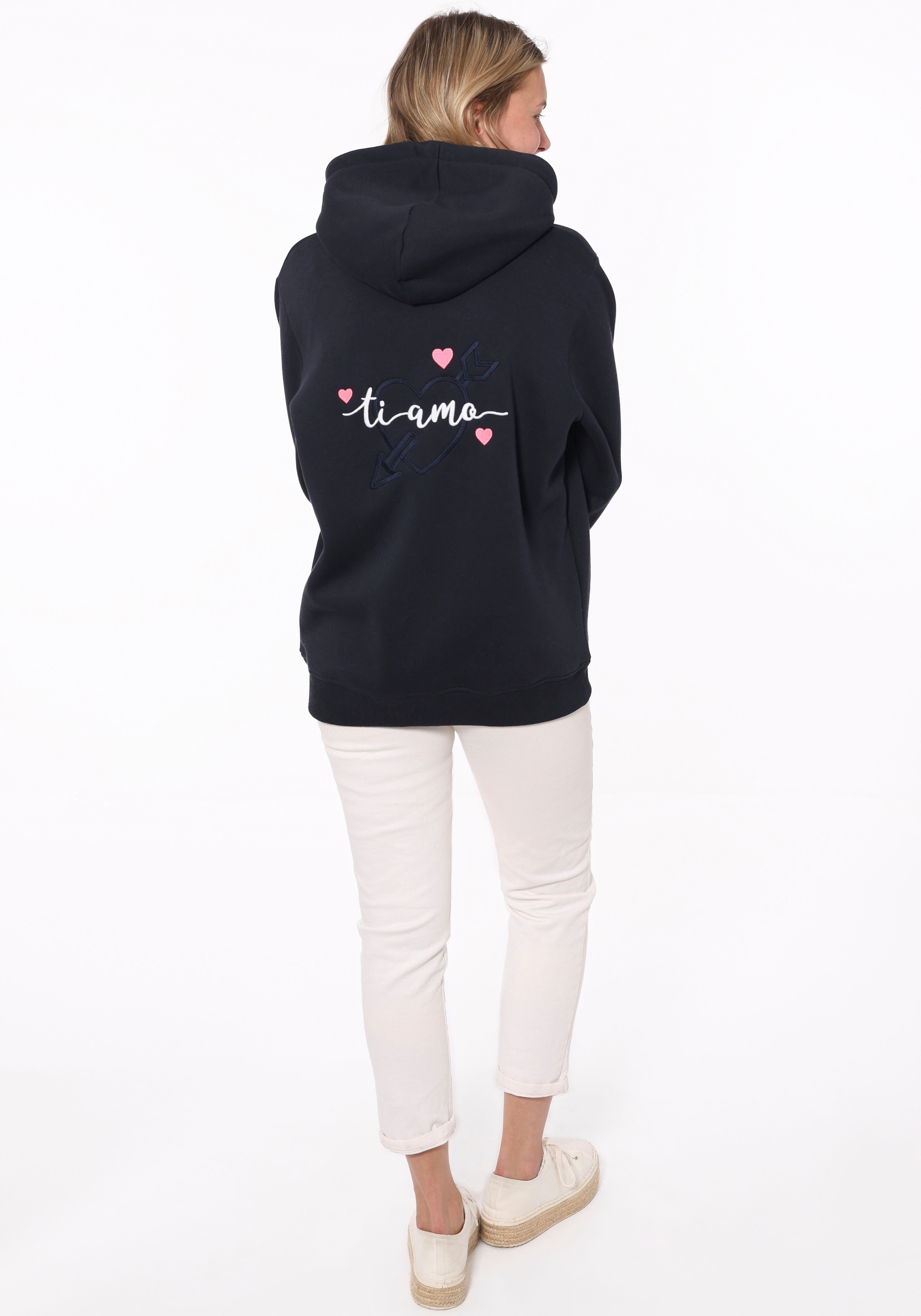 Zwillingsherz Kapuzensweatshirt mit "Amore"-Schriftzug und Herzchen am Rück günstig online kaufen