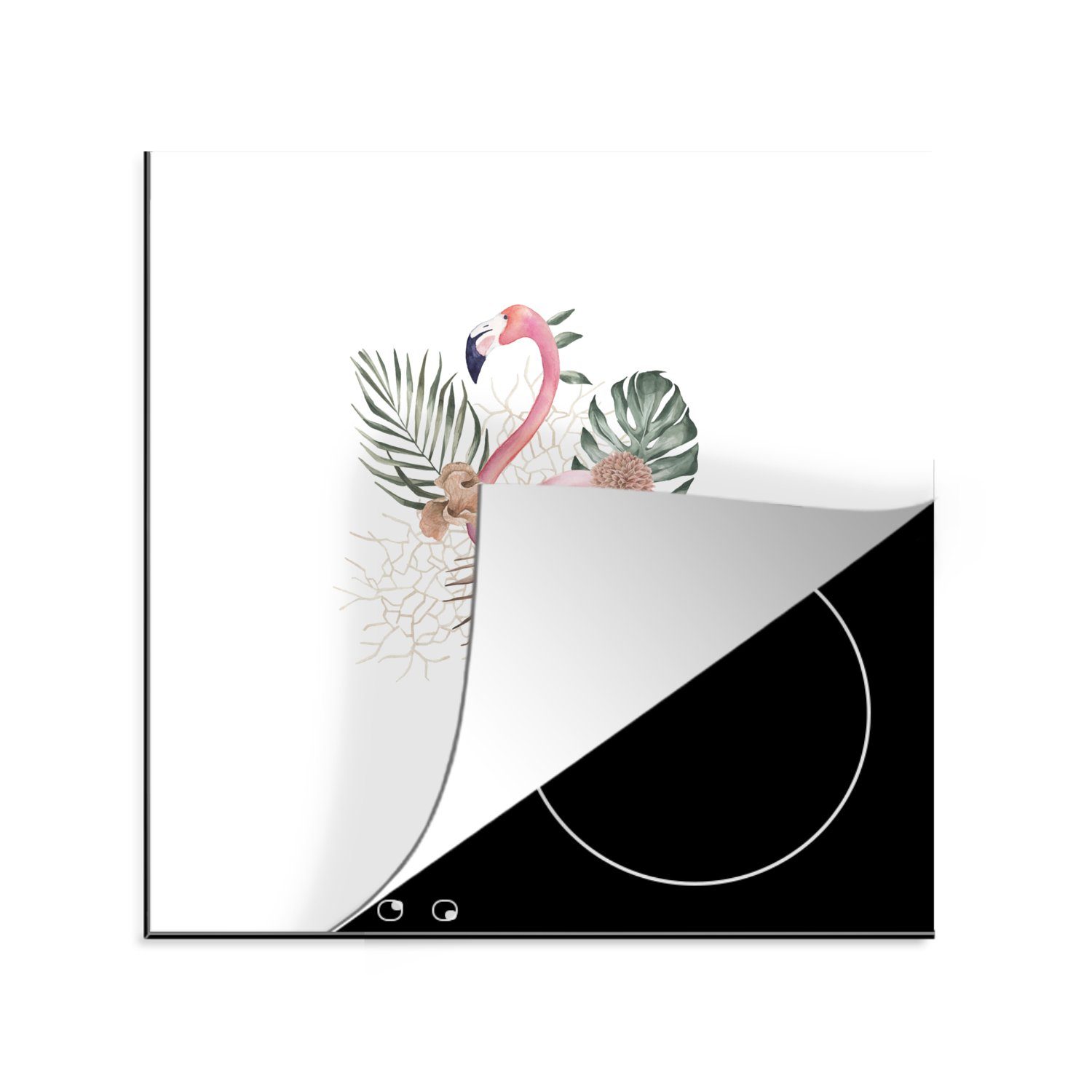 MuchoWow Herdblende-/Abdeckplatte Flamingo - Blätter - Blumen - Zeichnung, Vinyl, (1 tlg), 78x78 cm, Ceranfeldabdeckung, Arbeitsplatte für küche