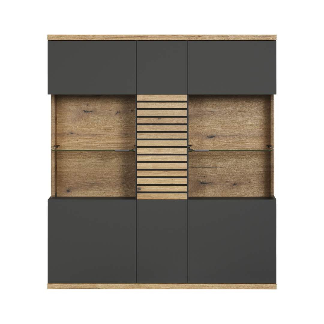 trendteam Vitrine Norris Vitrinenschrank grau, Eiche dekor.