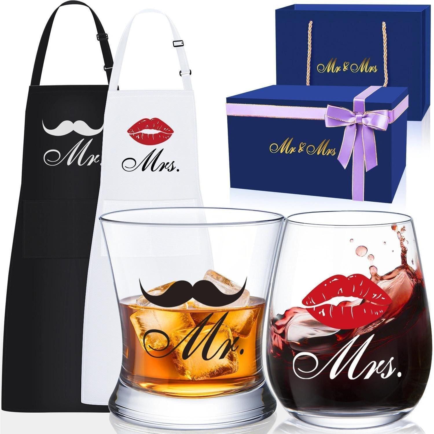 LIGHTEN LIFE Gläser-Set Hochzeitsgeschenk Mr Mrs Apron Weinglas Whiskyglas Set Paare Jubiläum