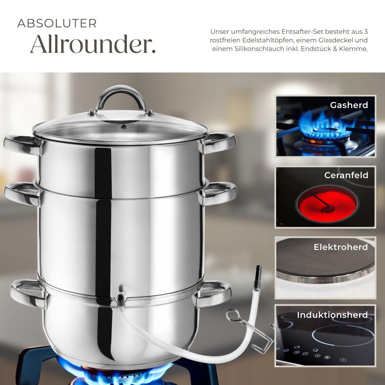 tectake Entsafter Dampfentsafter, 0 W, 7-teilig, aus Edelstahl mit Glasdeckel