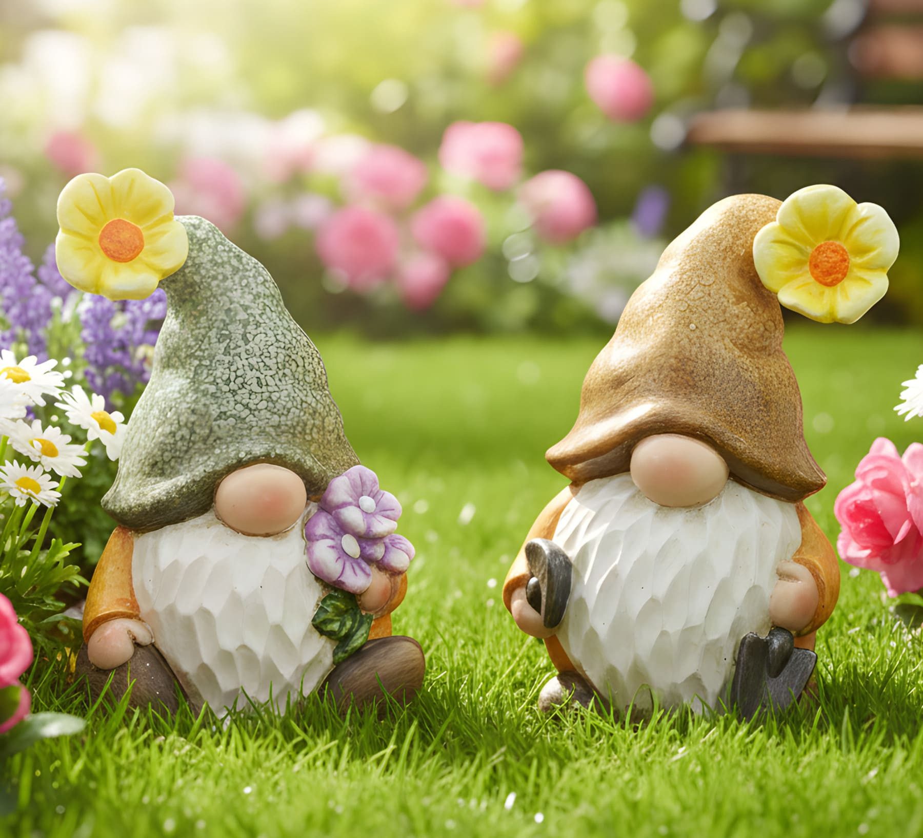 Dekoleidenschaft Gartenzwerg "Blümchen" Wichtel aus Polyresin, Outdoor Gartendeko wetterfest, Gnom, (2 St., im Set), 2 Stück im Set, Garten Dekofigur
