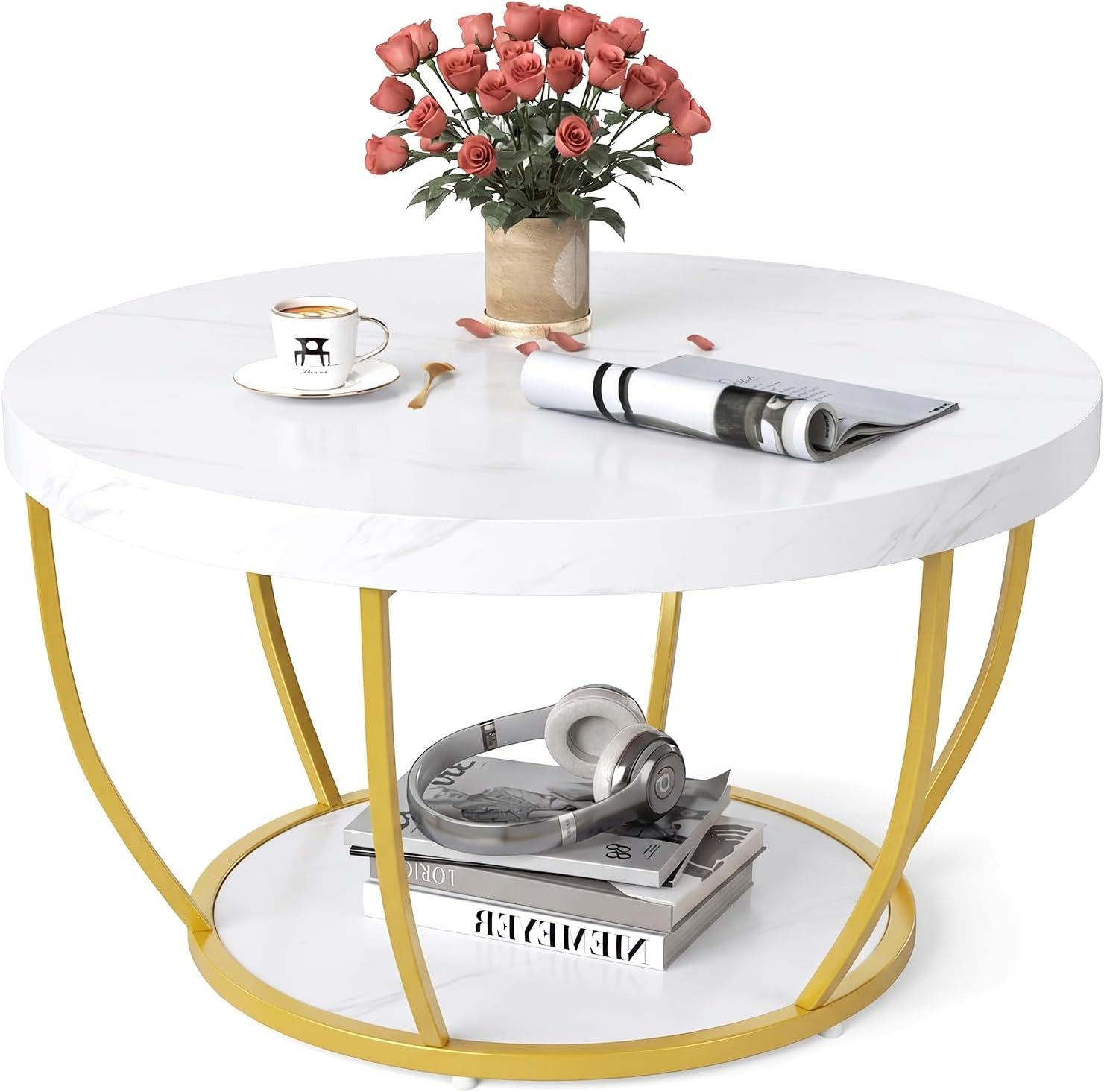COSTWAY Couchtisch, Couchtisch rund, Sofatisch Holz mit 2 Ebenen & Metallrahmen 80cm