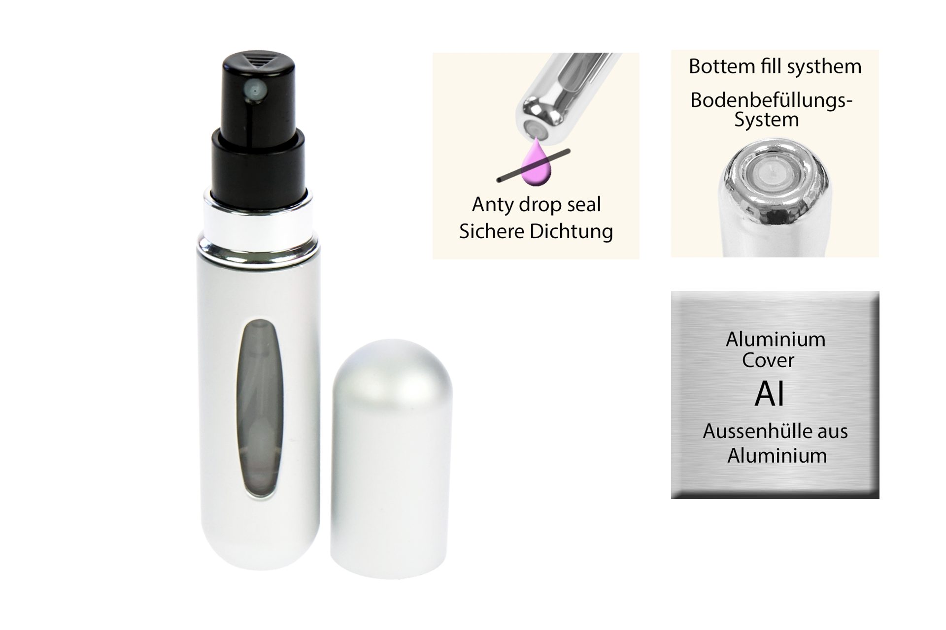 Fantasia Beauty Parfümzerstäuber Taschenzerstäuber, matt silber für 5 ml, mit Füllautomatik (1 St), für 5 ml, Füllautomatik, Sichtfenster
