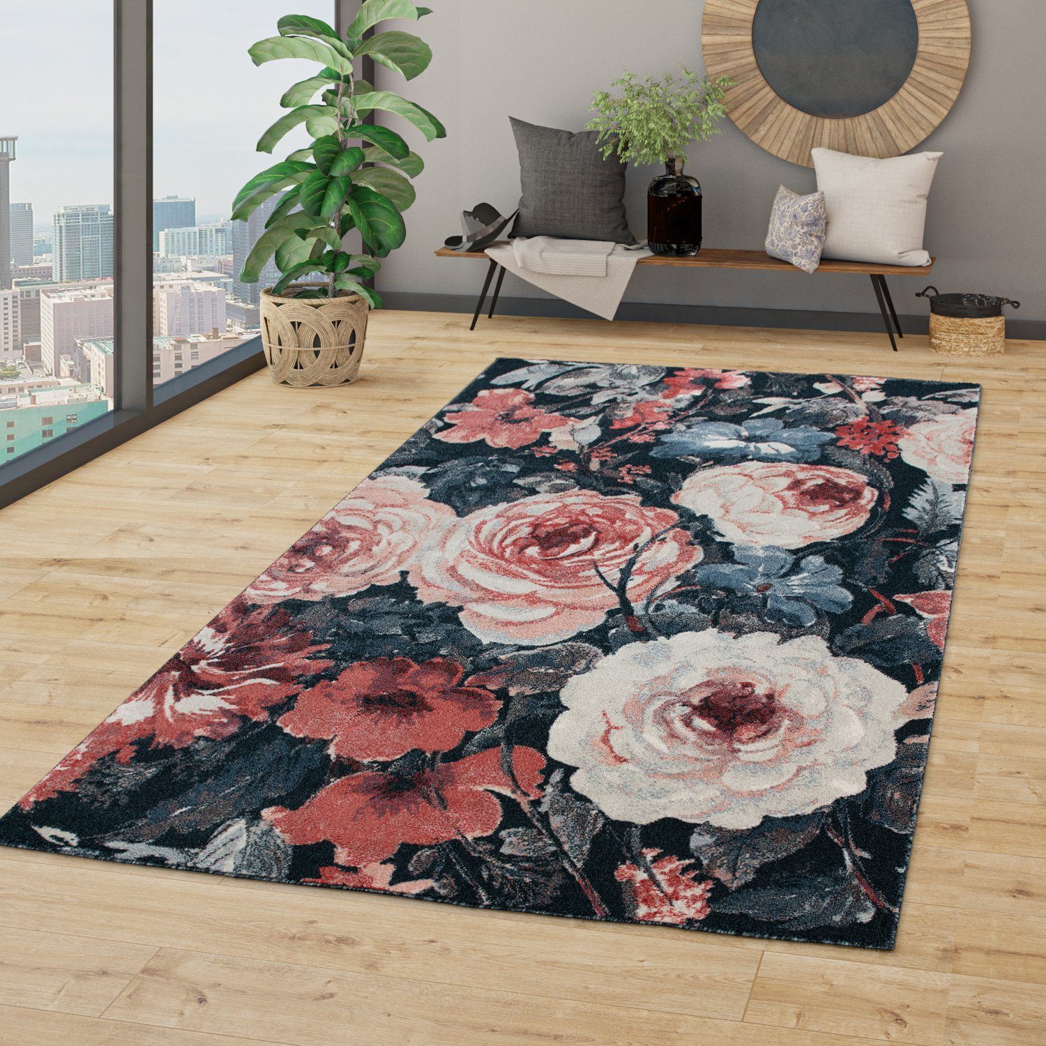 Blumen rechteckig, Wohnzimmer Teppich Home, mm, TT Design, Modernes maschinell gewebt Kurzflor 14 Höhe: Teppich