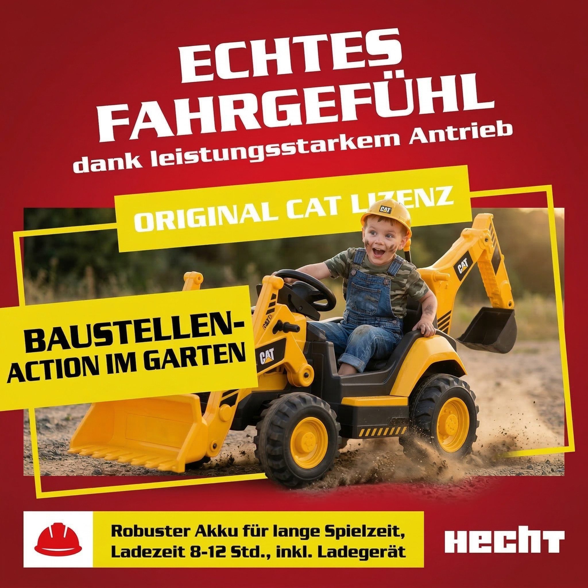Hecht Elektro-Kindertraktor Elektrotrecker Caterpillar mit Fernbedienung bis 5km/h, Baggerarm, Belastbarkeit 30 kg, Radio, Bluetooth, AUX, 12V / 7 Ah, 2x 40W, bis 30kg