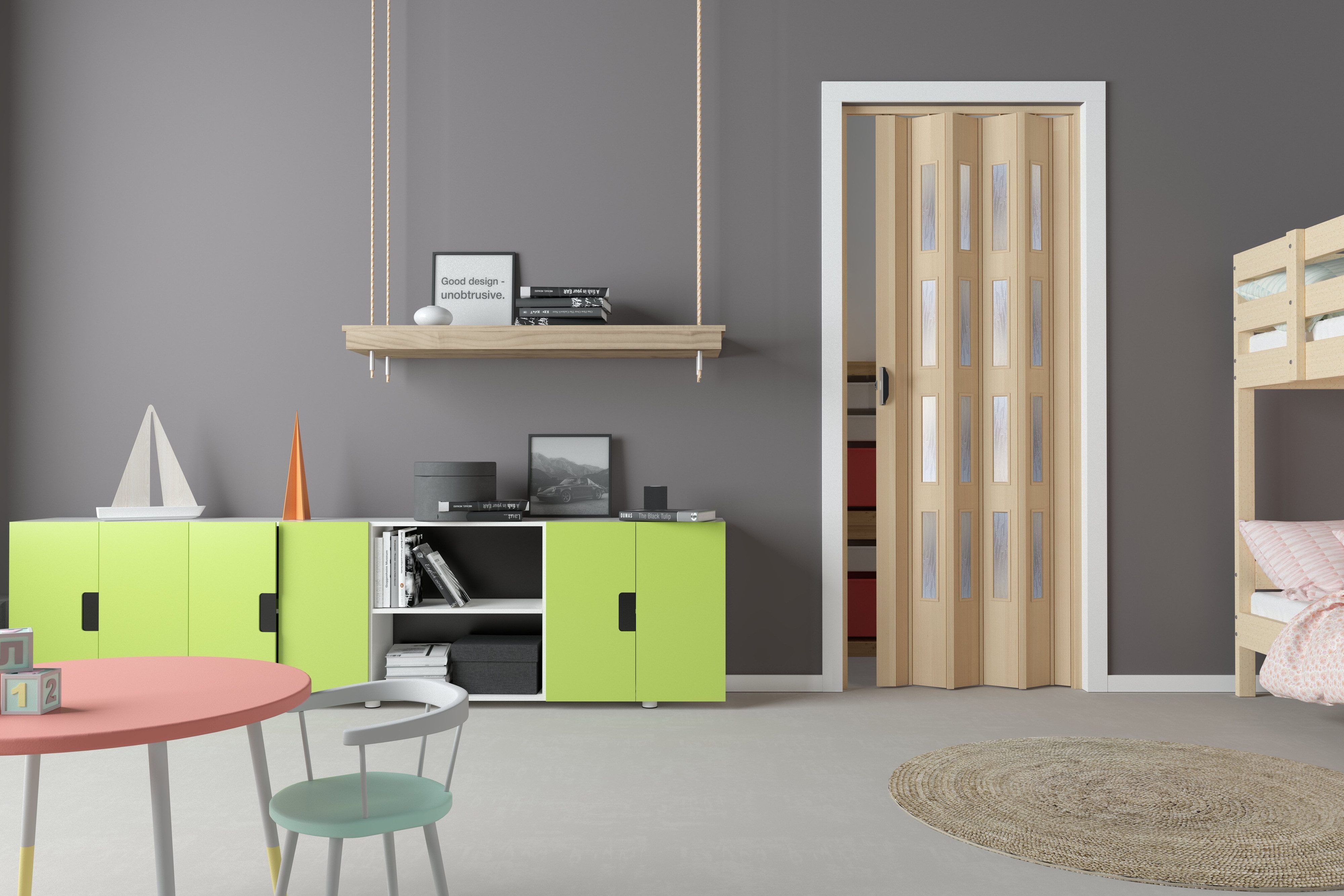 Forte Falttür Falttür Schiebetür Nischentür B 88,5x H 202 cm Esche Holz 3D 4 Fenster (1 Stück), abwaschbar und für Naßräume geeignet