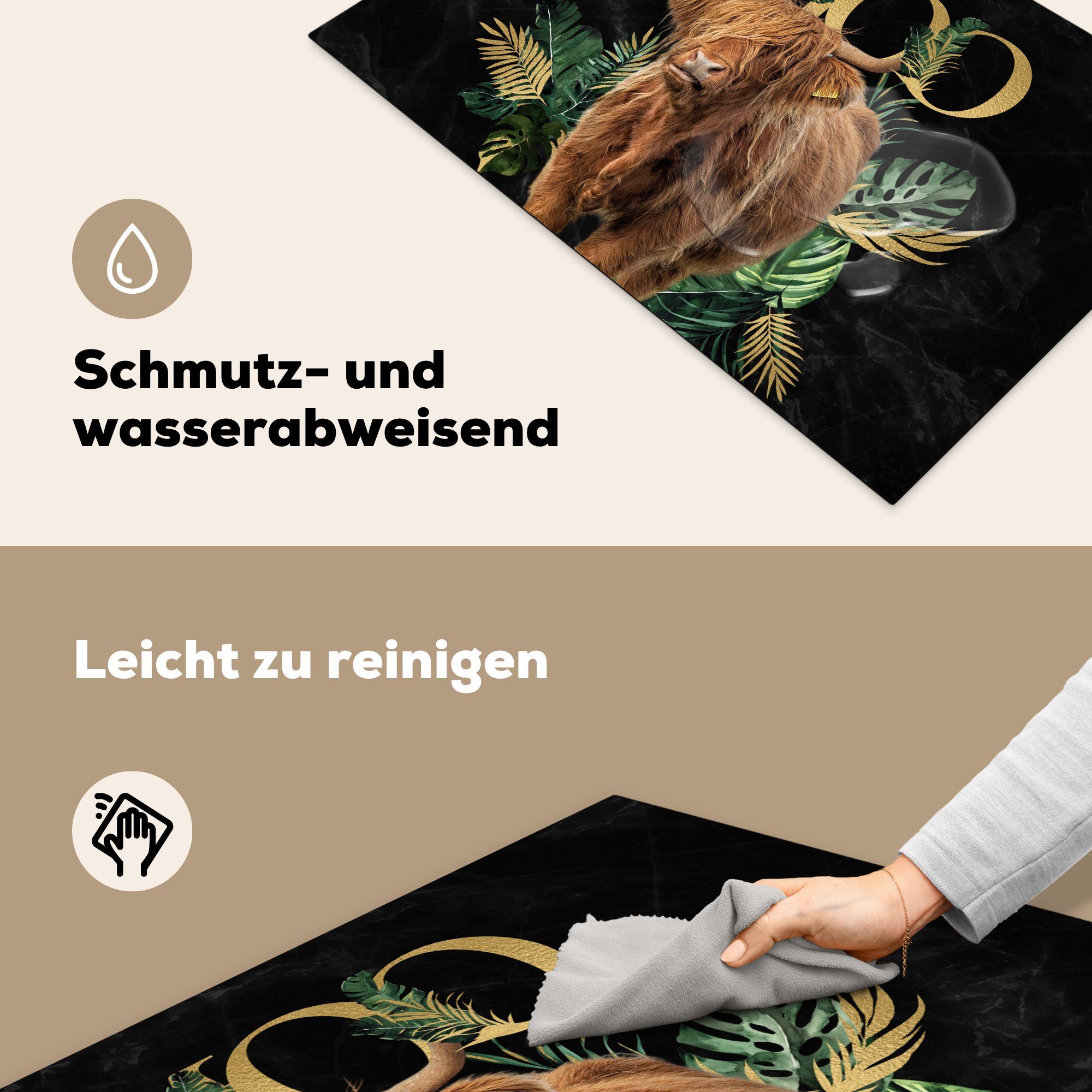 Herdblende-/Abdeckplatte MuchoWow die 81x52 Gold, Ceranfeldabdeckung Hochländer (1 Schottischer tlg), Schutz für Monstera cm, Vinyl, Induktionskochfeld - - küche,