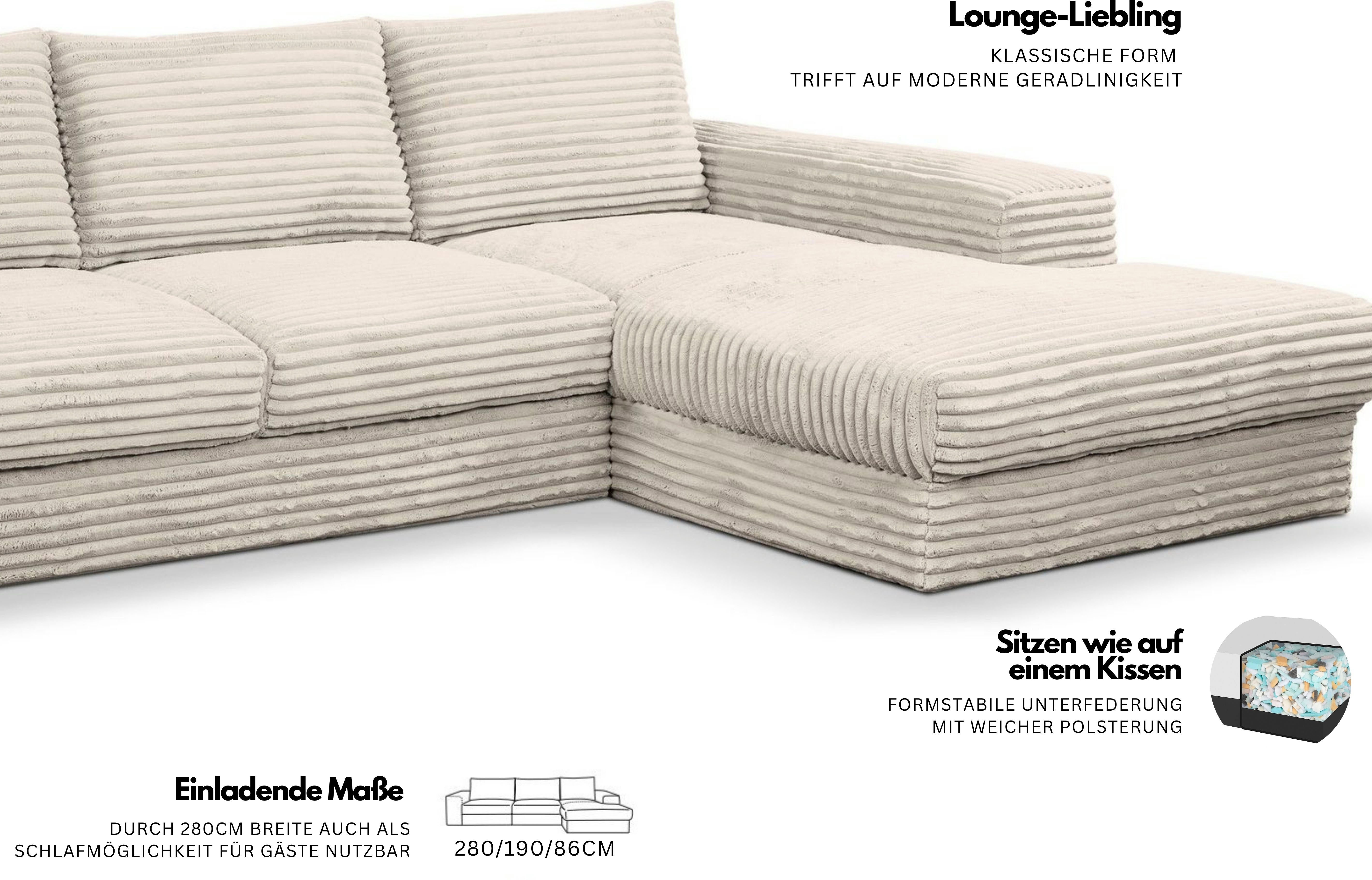 WERK2 Ecksofa Rozzana Design Ecksofa mit hohem Komfort, zeitlos & elegant, L-Form, in kuschelweichen Trendstoffen Cord, Breitcord und Plüsch