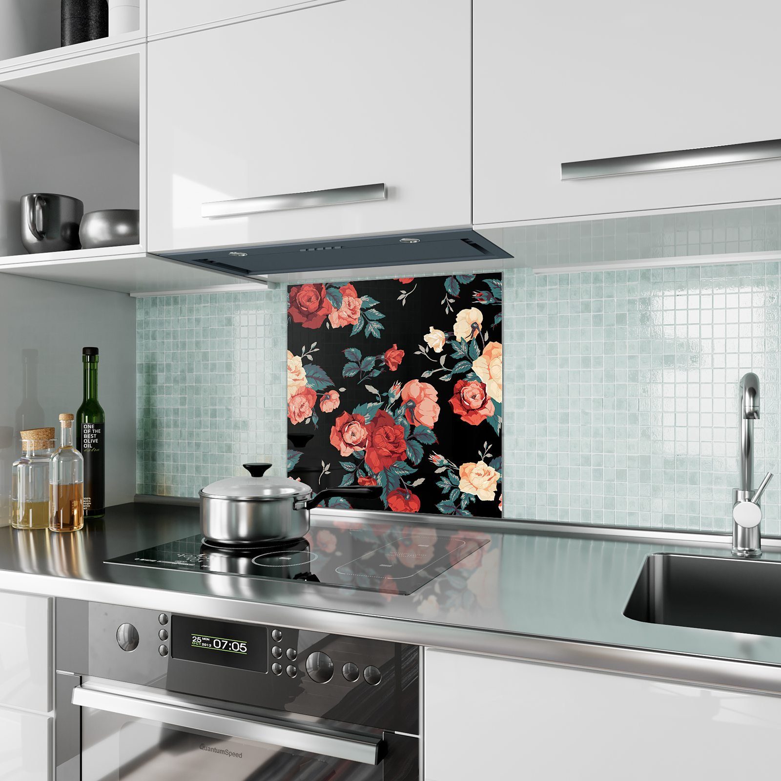 Primedeco Küchenrückwand Küchenrückwand Spritzschutz Rosenblüten Motiv mit Glas