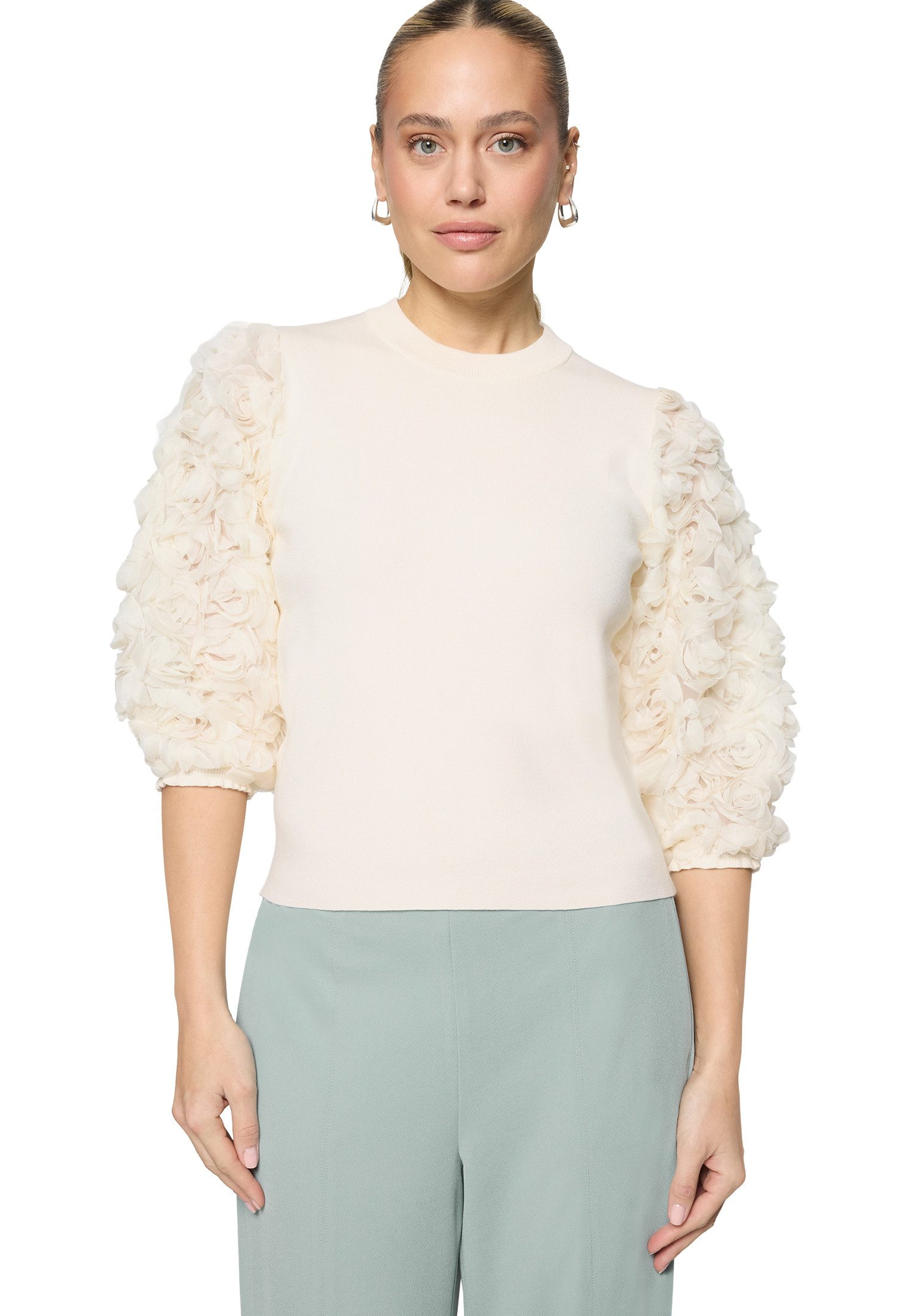 Zero Strickpullover Damen mit Spitzenärmeln (1-tlg) drapiert / gerafft