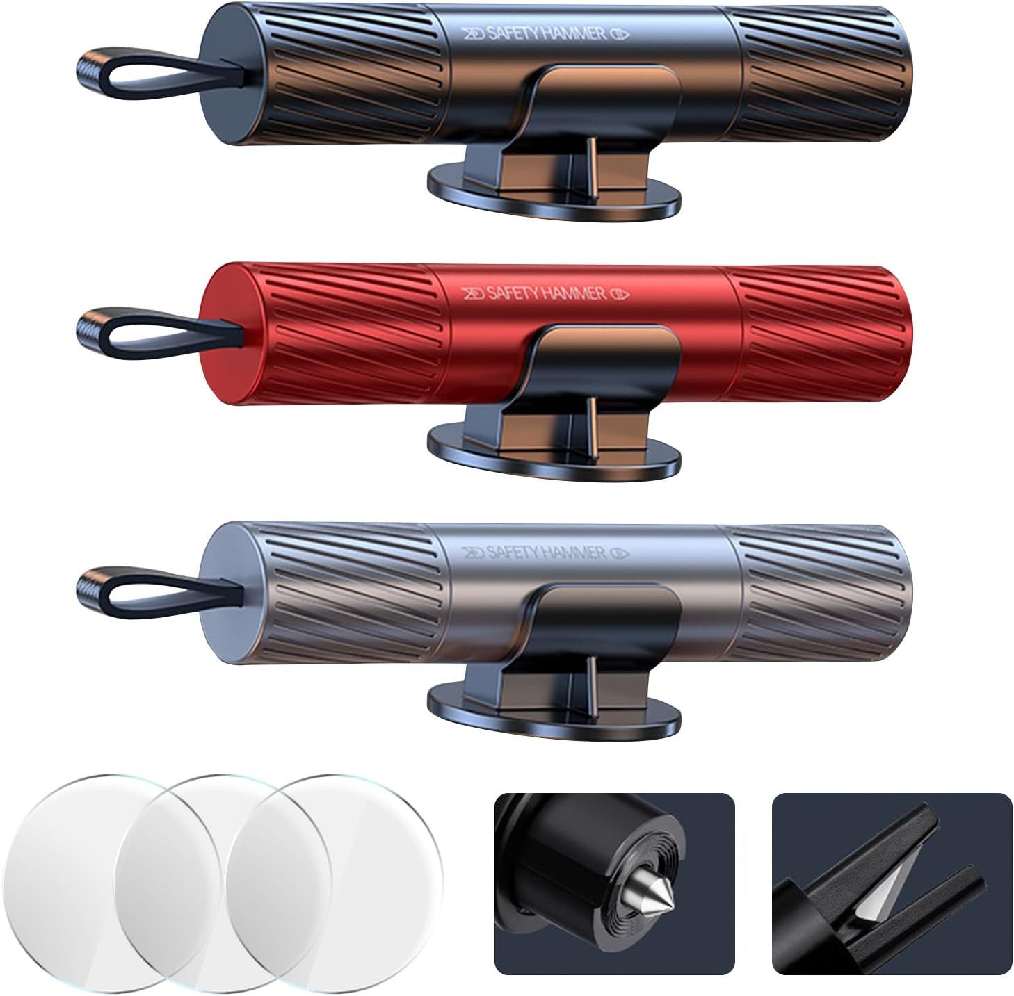 BlingBin Hammer 3 Stück Sicherheitshammer mit Gurtschneider-Notfall,Nothammer Auto (3er Set, 3-St., 9.2 * 3.2 * 2 cm), gefederter Fensterbrecher für Unterwasser & Land, für Auto & Bus