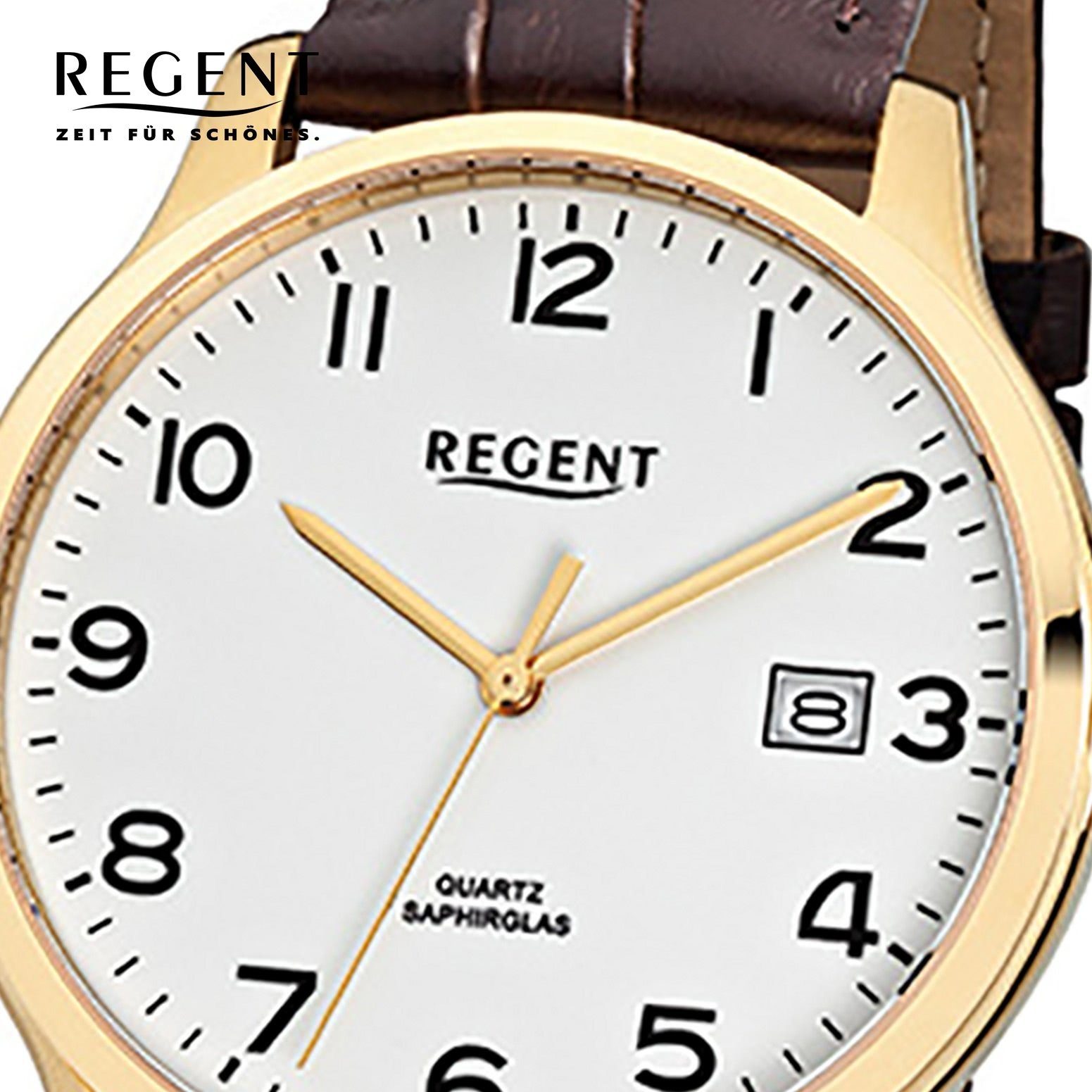 Regent Quarzuhr Regent Herren-Armbanduhr braun Lederarmband, mittel Armbanduhr rund, gold Herren 39mm), Analog, (ca. ionenplattiert Gehäuse