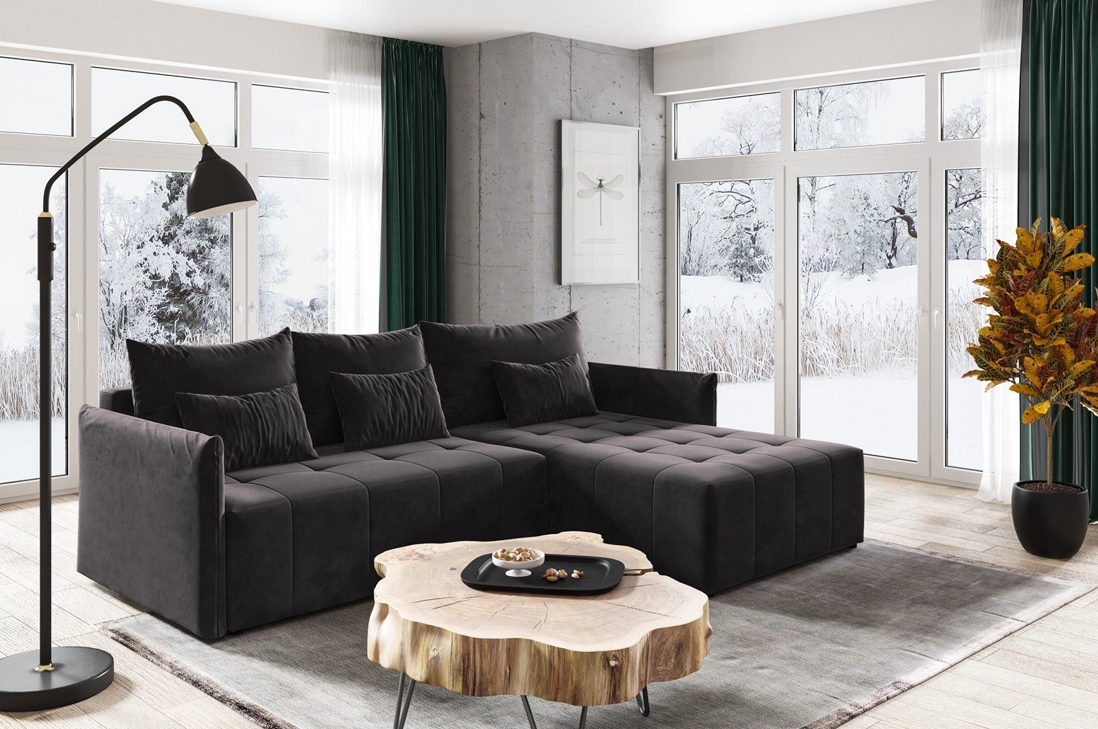 für 07) Velours stilvoll (kronos Ecke aus Ecksofa Bettkasten, universelle Beautysofa Schlaffunktion, Ben Wohnzimmer, Polstersofa L-Form L, mane, Schwarz Lounge