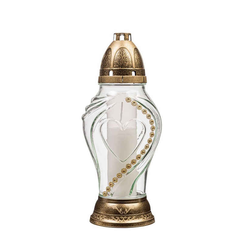 Glofrex S.C. Grabkerze Grablicht-Glas mit Kerze - weiß/transparent/gold - Höhe 31 cm - Brenndauer42 h