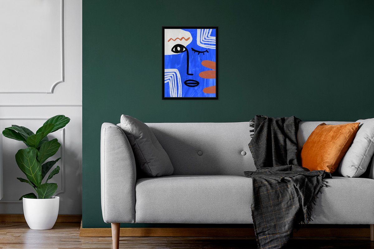Kunstdruck, Rahmen, MuchoWow Poster Bilderrahmen St), Gerahmtes Schwarzem mit Poster, Blau - (1 - Design, Gesicht