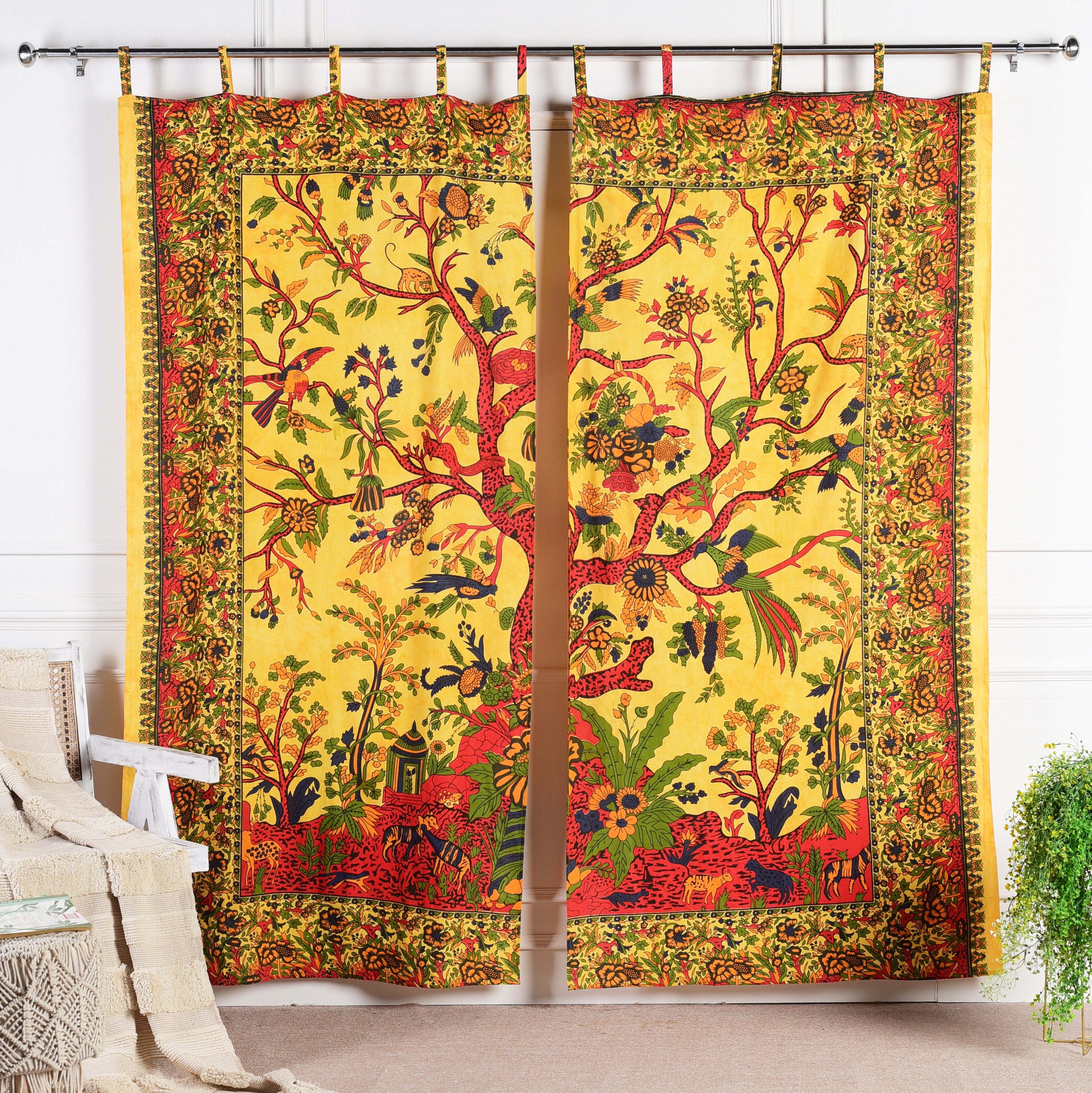Karmandala Vorhang Boho Vorhänge Lebensbaum 2er-Set Gelb-Orange Gardine 210x230 Baumwolle, Handgedruckt