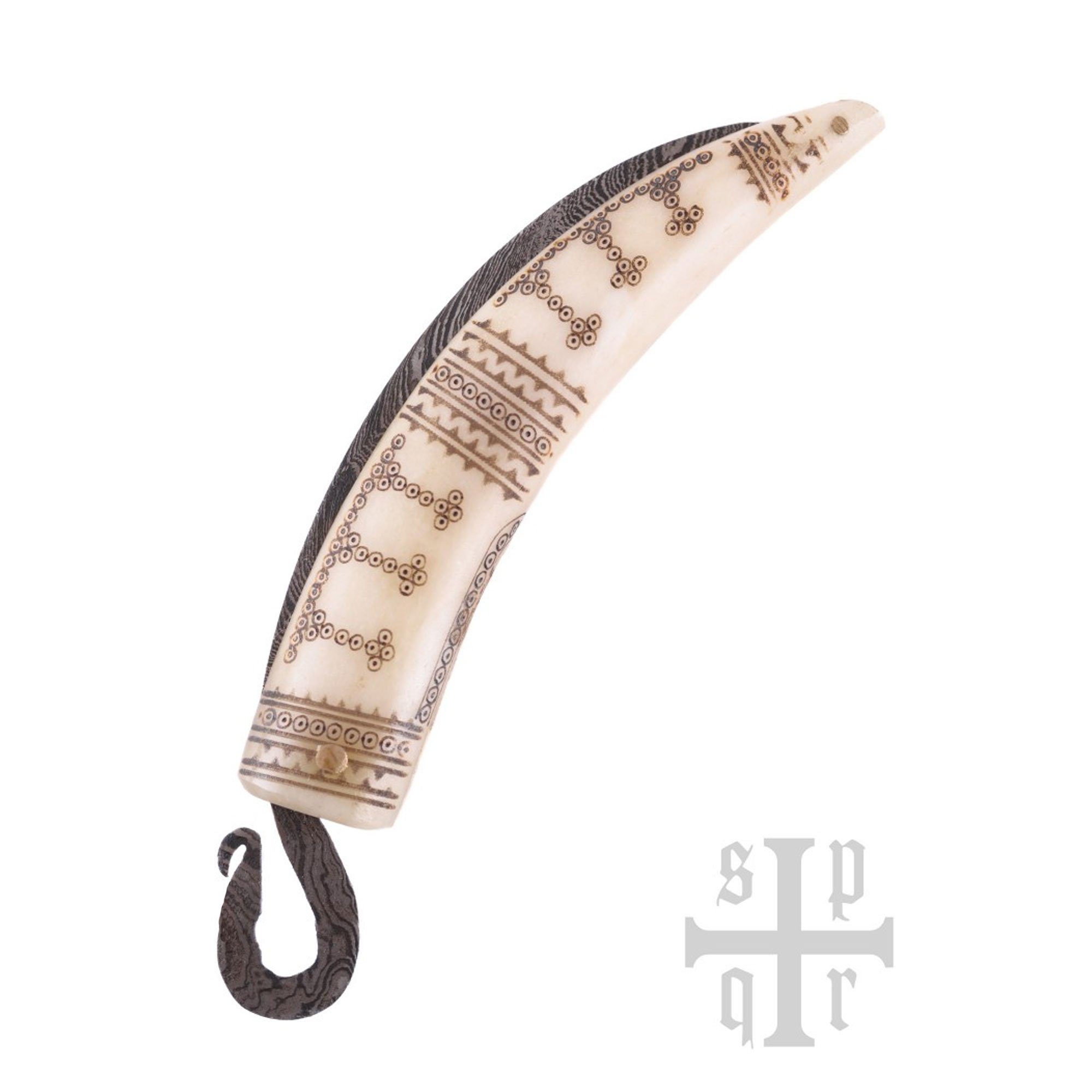 Battle Merchant Universalmesser Wikinger-Taschenmesser aus Damaststahl mit Knochengriff