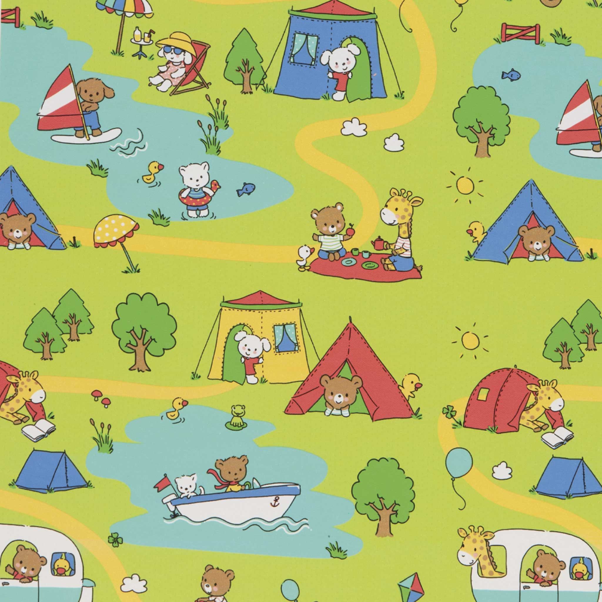 Star Geschenkpapier, Geschenkpapier Tiere beim Camping 70cm x 2m Rolle hellgrün