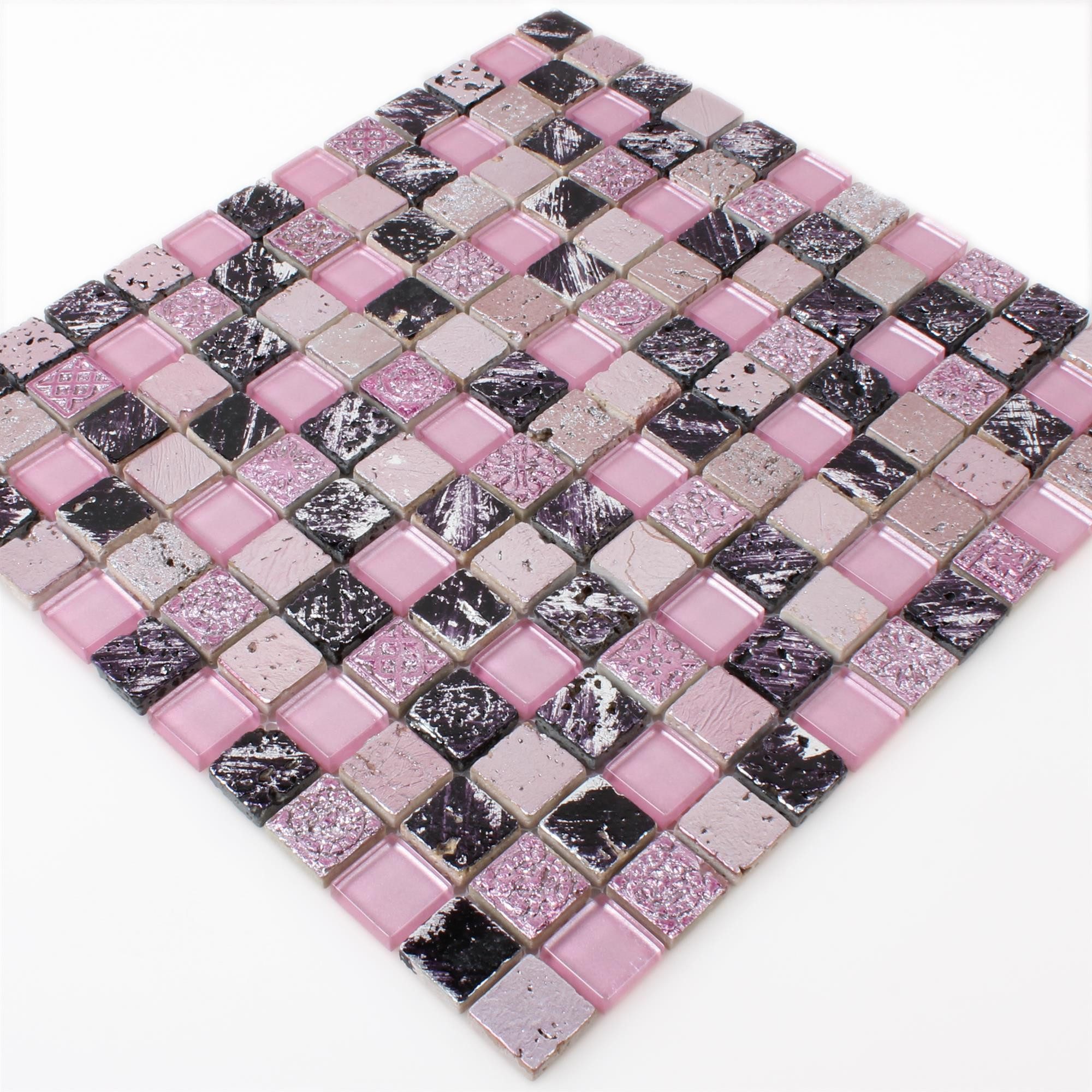 Mosafil Mosaikfliesen Glas Naturstein Mosaikfliesen Colicos, Naturstein-Resin-Glas 30.000x32.500, schwarz-rosa-pink, Verlegefertig auf ein Netz geklebt
