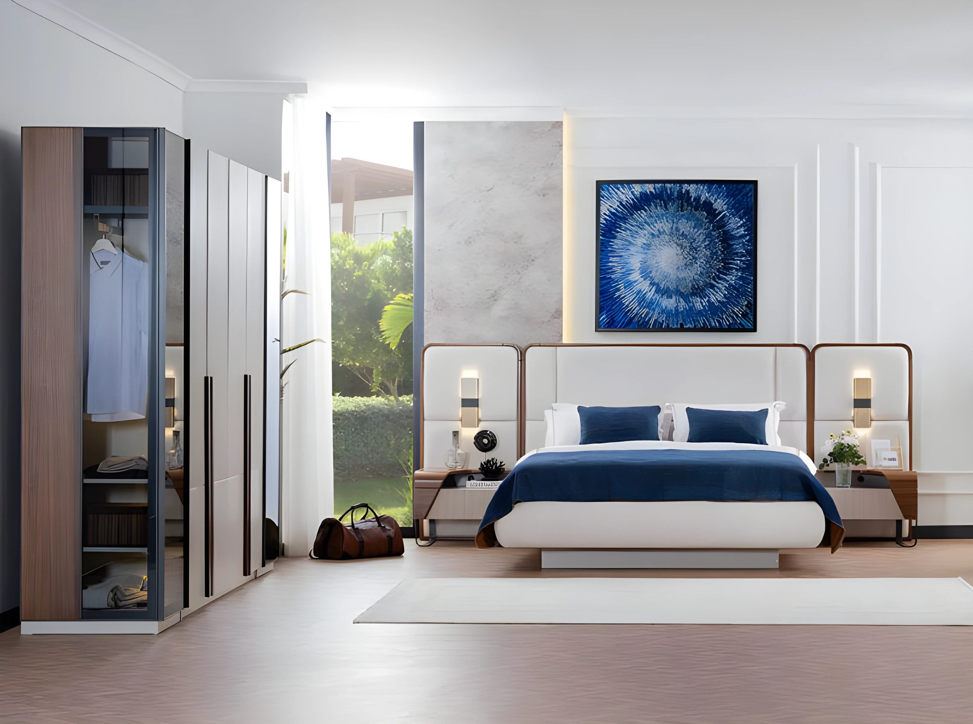 Schlafzimmer-Set Schlafzimmer Garnitur Bett mit Stoffbezug und Schrank in Weiß