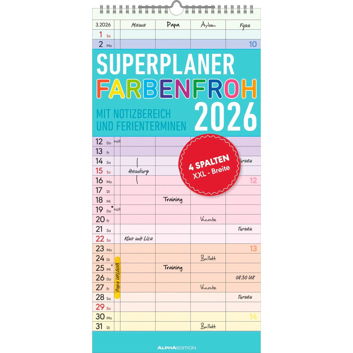 NEUMANN Настенный календарь Superplaner Farbenfroh 2026 mit 4 Spalten - Familien-Timer 22x45 cm...