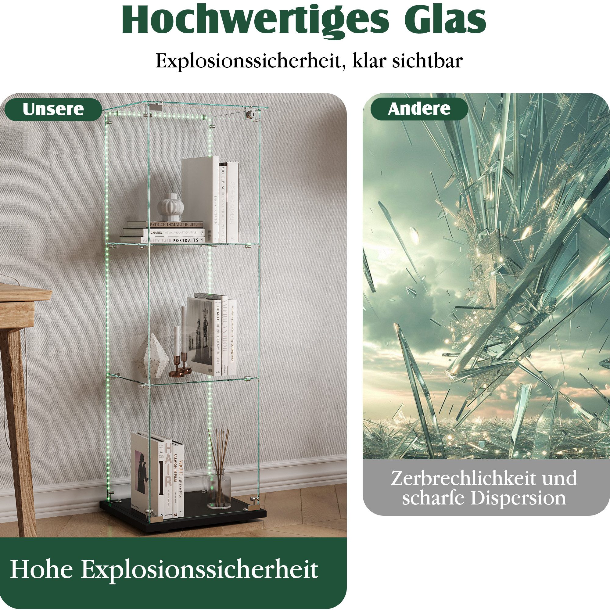 Simurq Glasvitrine Standvitrinen mit LED Beleuchtung, 3 Lagen Vitrinenschrank mit Glastür (1-St, Glas Vitrine mit 1 Glastür und 3 Lagen, Glasschrank mit Schloss – Bild 4 von 5
