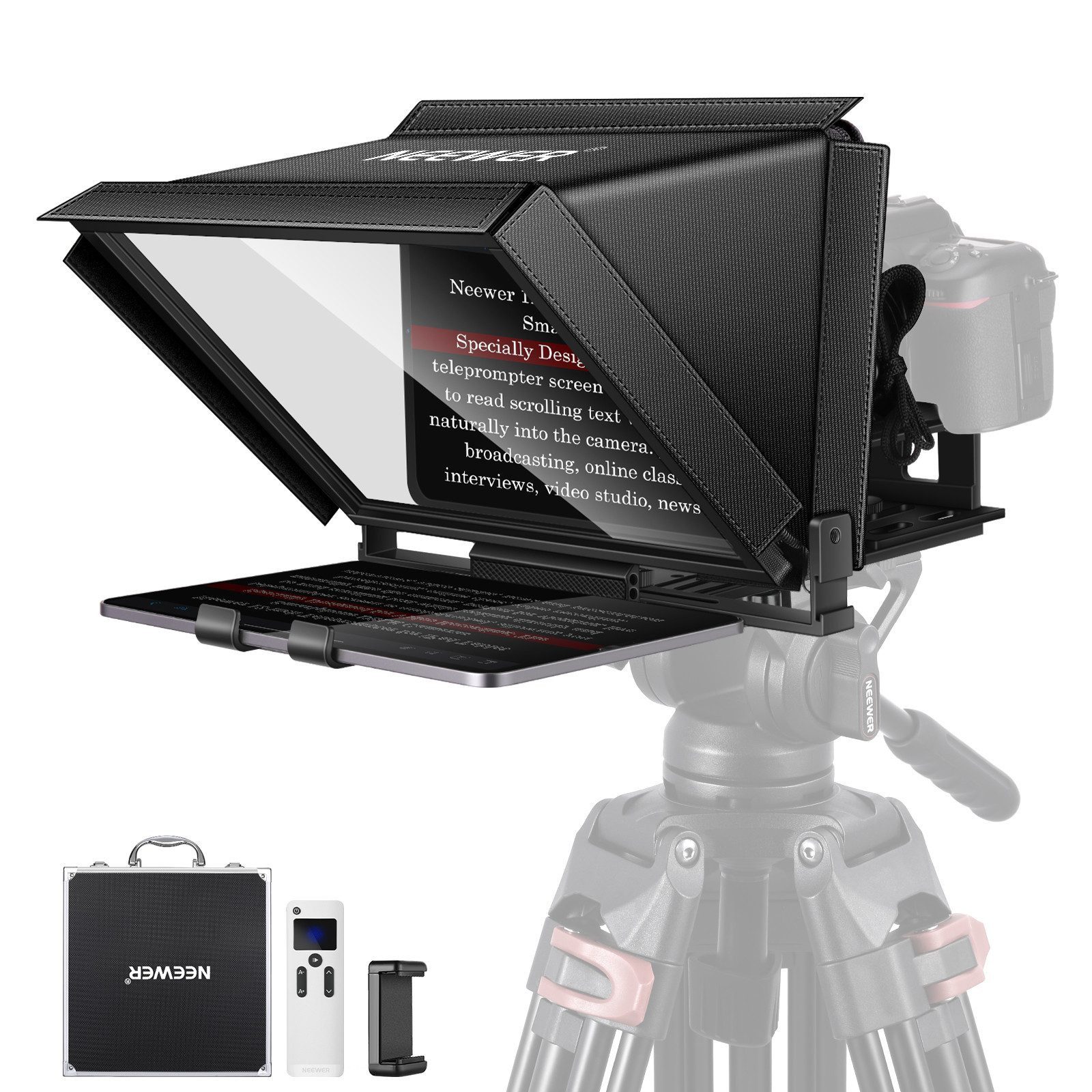 Neewer Kamerazubehör-Set X12 Teleprompter, Aluminium, RT 110 Fernbedienung und App Steuerung, (Packung), mit Tasche, Ganzmetallkonstruktion, für iPad Smartphones DSLR Kamera