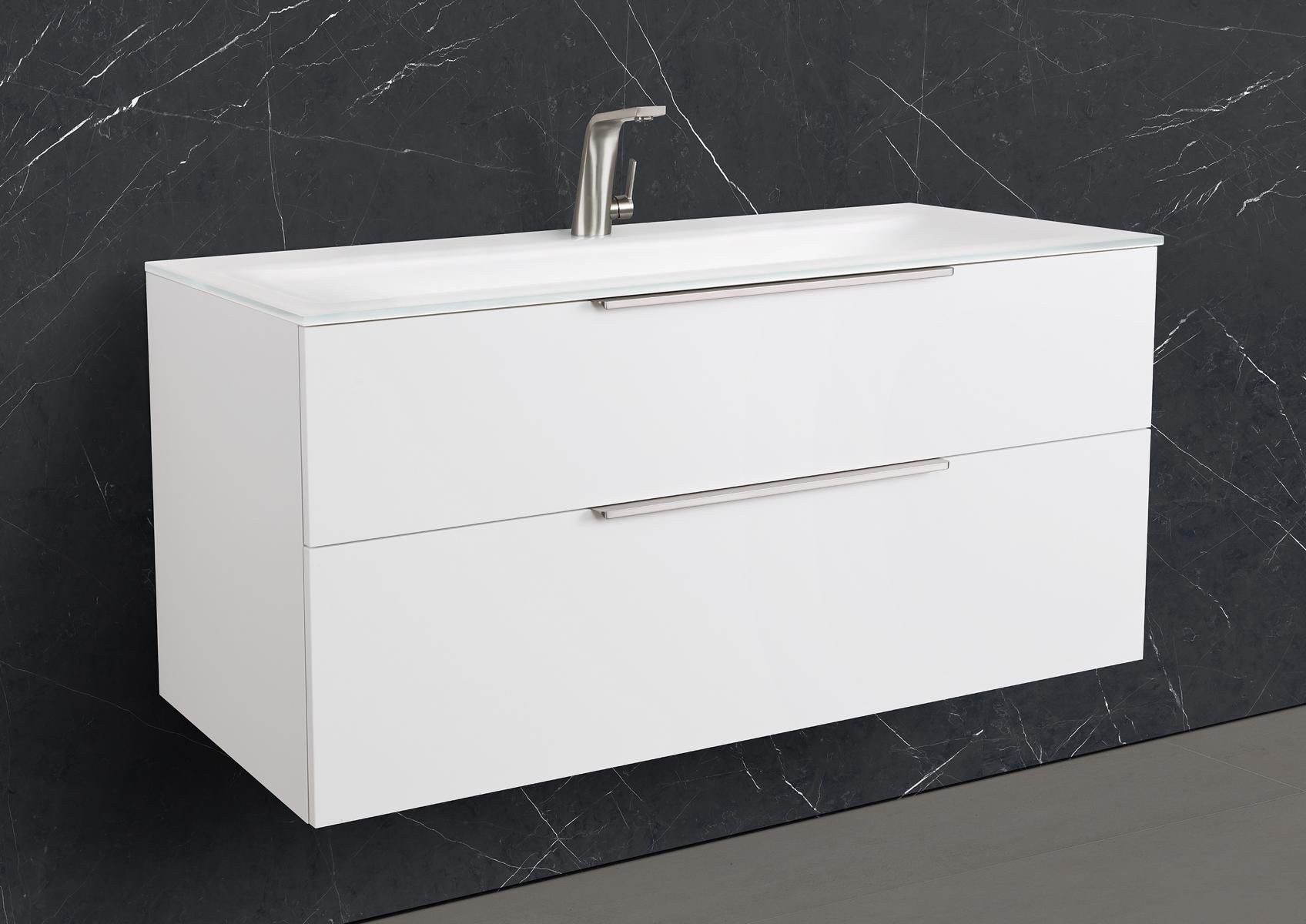 Intarbad Waschtisch Badmöbel Set Zafiro Glaswaschbecken Optiwhite und Unterschrank (90 oder 120 cm Breite, Höhe 49,2 - 56,2 cm 2x Vollauszug/Selbsteinzug, Soft-Close, Holz-/ Lackdekore, polierte Glaszarge im unteren Auszug), Vormontierte Lieferung, 160 kg Traglast, Made in Germany