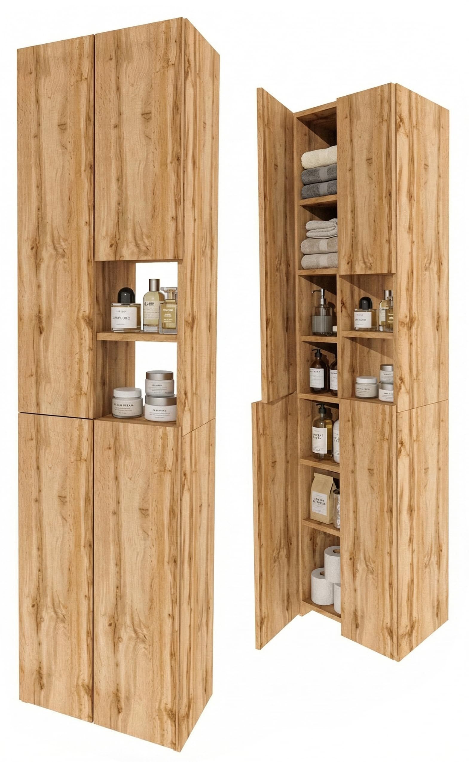TREND WERK Hochschrank Badschrank schmal stehend B45 x T26,5 x H180 cm (Schmaler Badezimmerschrank mit Regalfächern & Stauraum) Holzoptik, offene & geschlossene Fächer, Standregal Bad, platzsparend