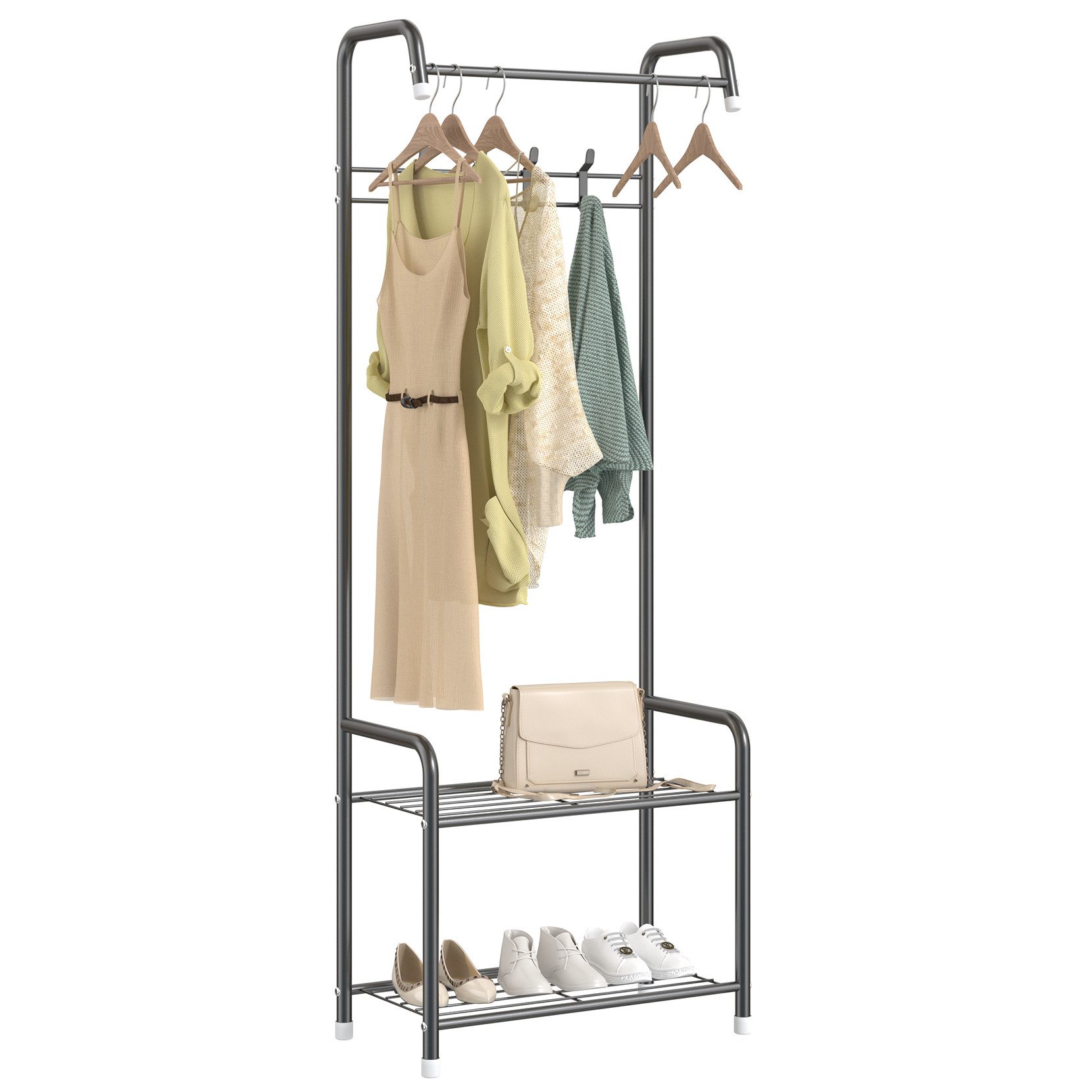 OUNUO Kleiderständer F-Form Kleiderständer mit 2 Ablage und 4 Haken günstig online kaufen