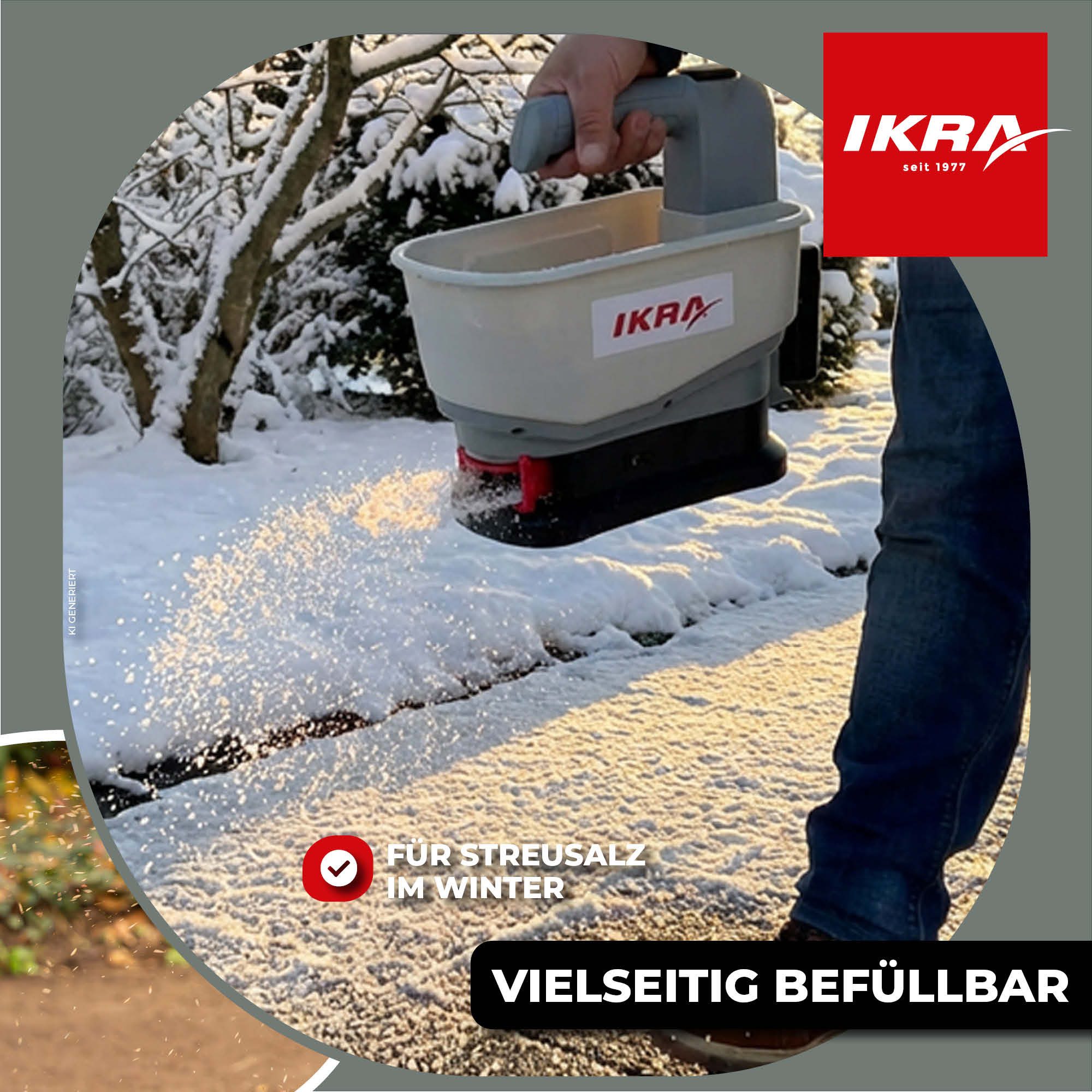 ikra GmbH Streuwagen IAST 12, 4,5 l Füllmenge, (mit Akku & Ladergerät), universaler 12V Akku Handstreuer für Dünger, Saatgut und Streusalz – Bild 4 von 5