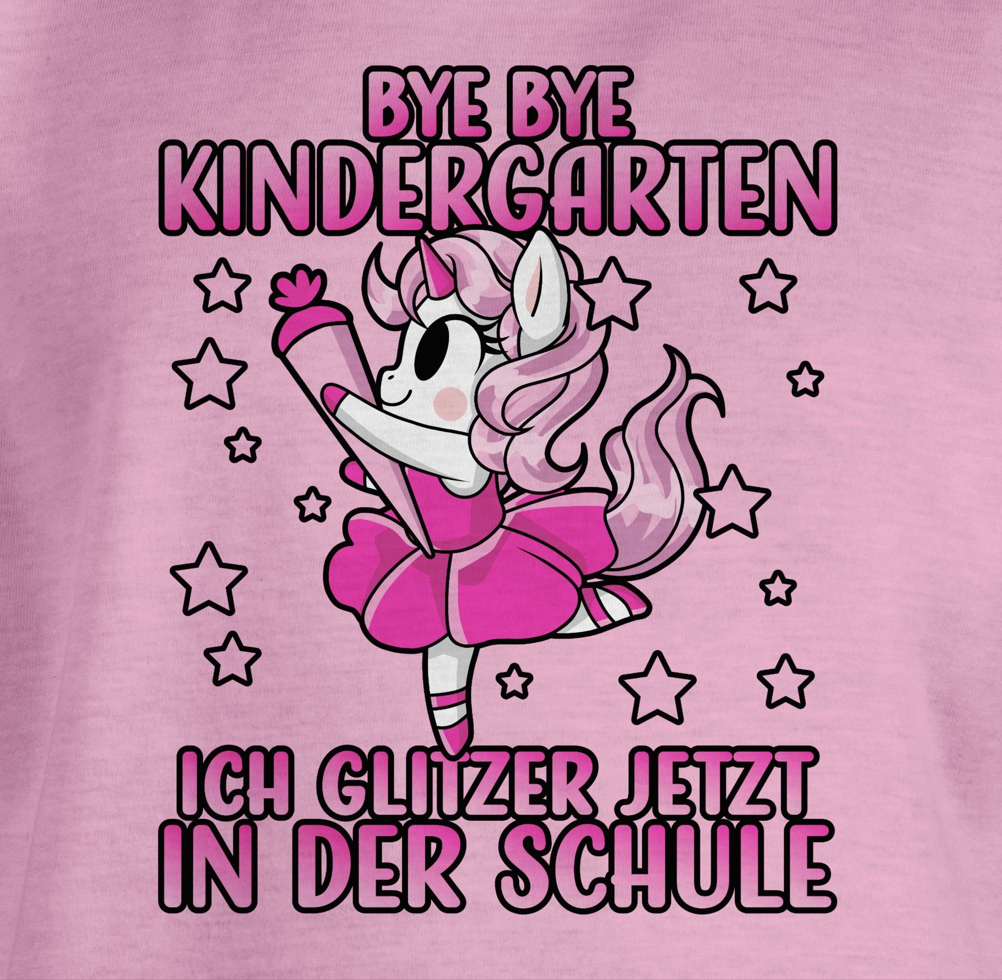 Shirtracer Rosa mit der Einschulung jetzt Einhorn Schule Mädchen in Kindergarten Bye Bye ich Pin 2 T-Shirt glitzer -