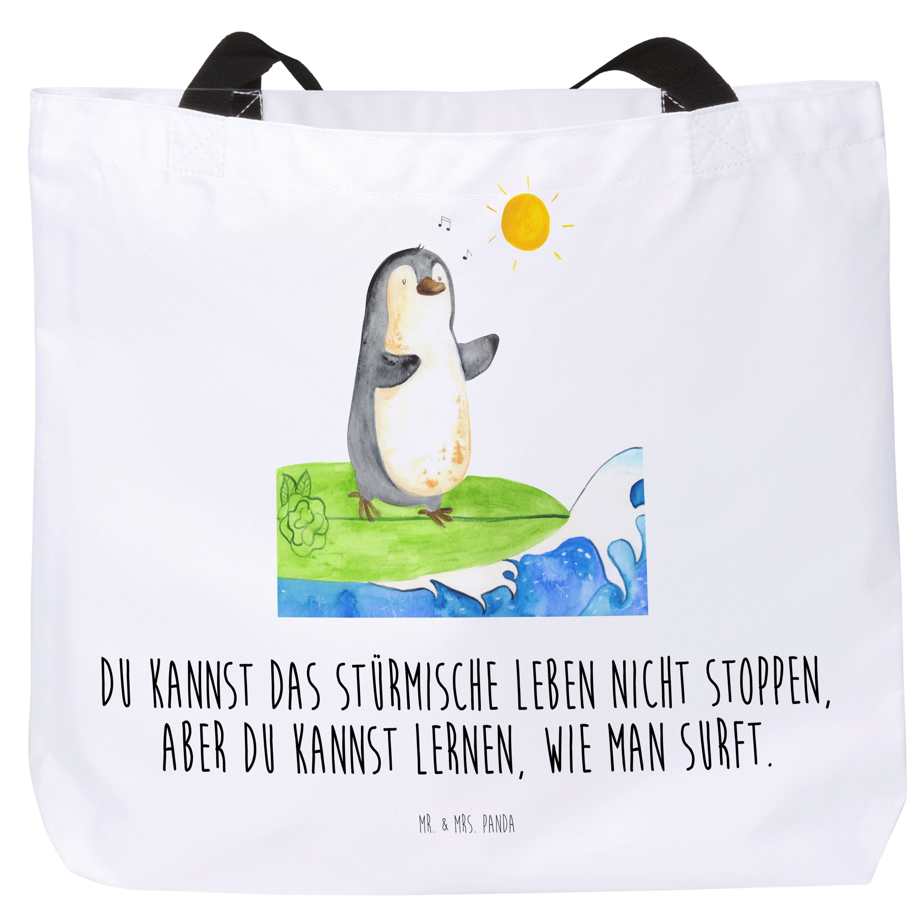 Urlaub, Geschenk, Shopper Mrs. Tasche, Pinguin - Surfer & Weiß Mr. - (1-tlg) Stra Panda Wellen reiten,