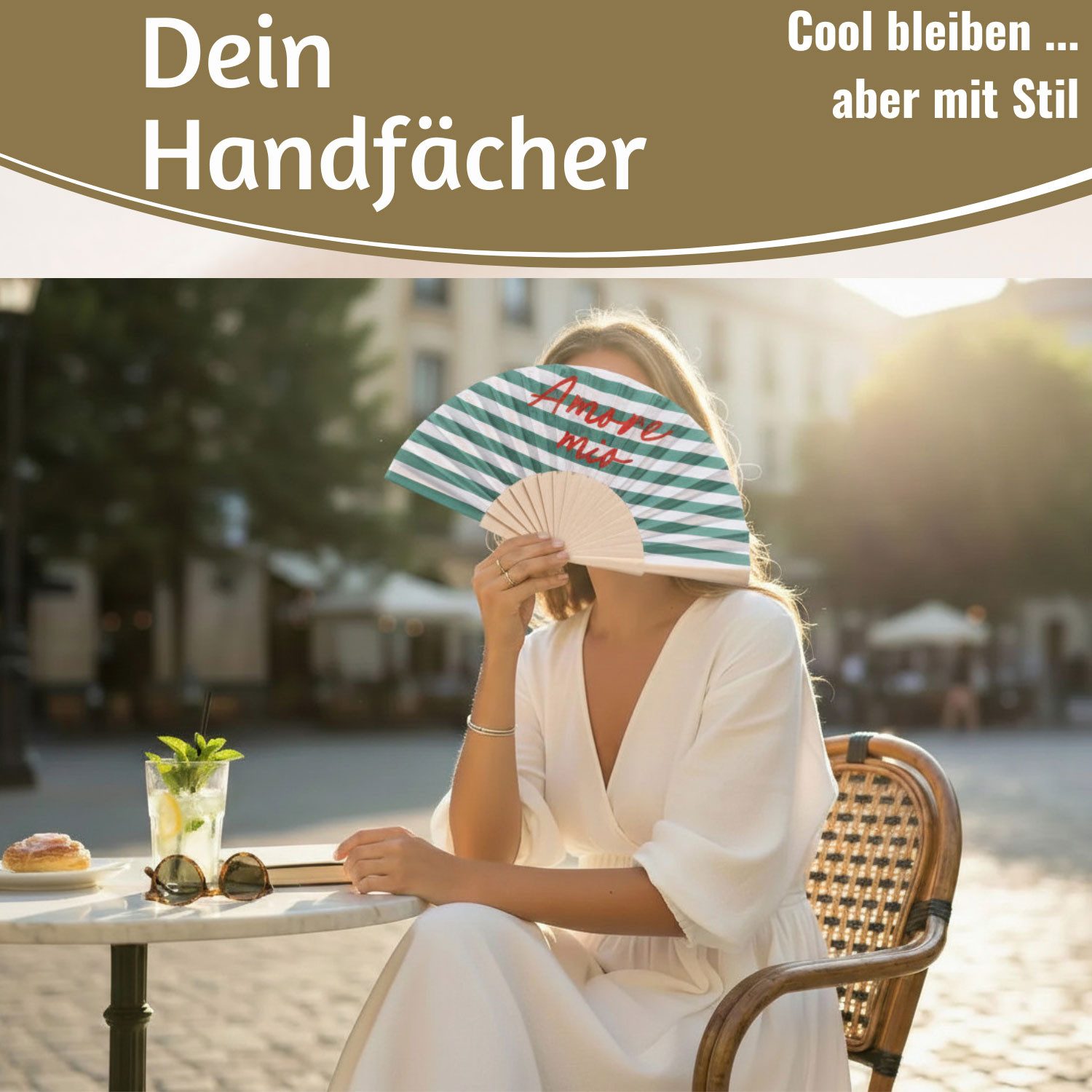 LS-LebenStil Handfächer Holz Stoff Fächer "Amore Mio" Grün Weiß Rot faltbar Faltfächer, (hochwertig aus Holz mit Stoff und coolem lustigem Spruch, 1-tlg., Styliche Abkühlung), für Geburtstag, Hochzeit, Party oder als Wand Dekoration