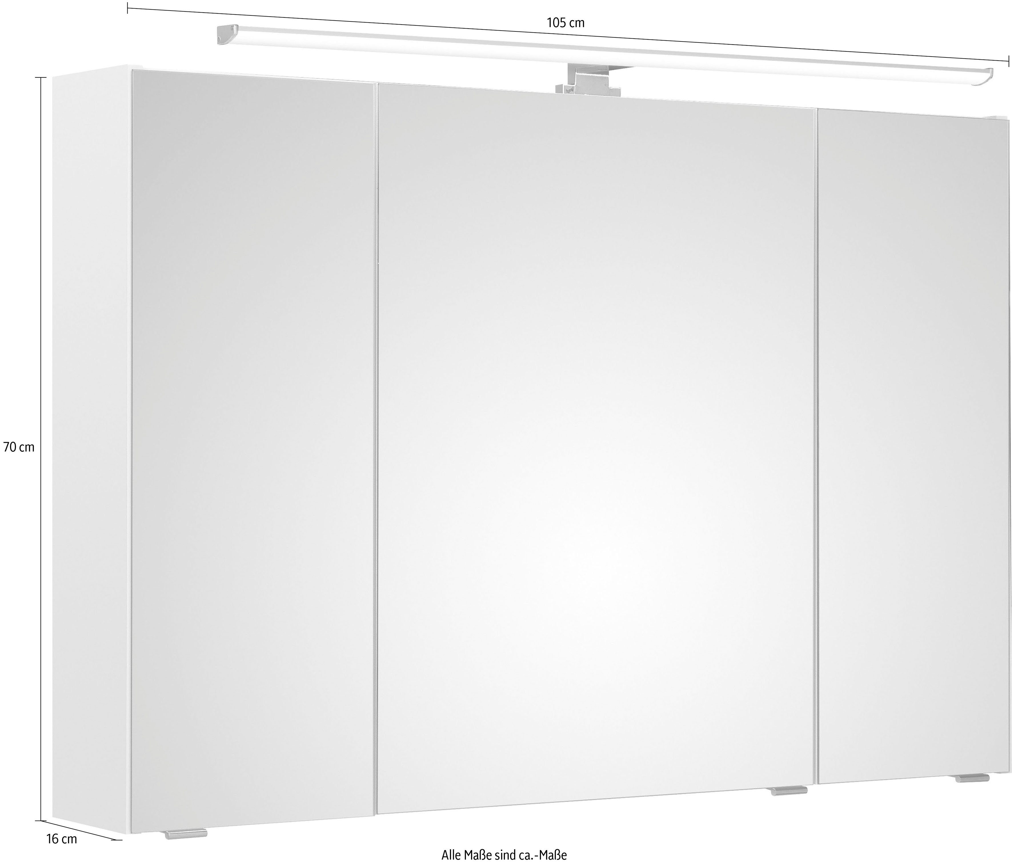 PELIPAL Spiegelschrank Quickset Breite Weiß | 3-türig, 105 Hochglanz LED-Beleuchtung, Schalter-/Steckdosenbox cm, Weiß Glanz/Weiß Glanz