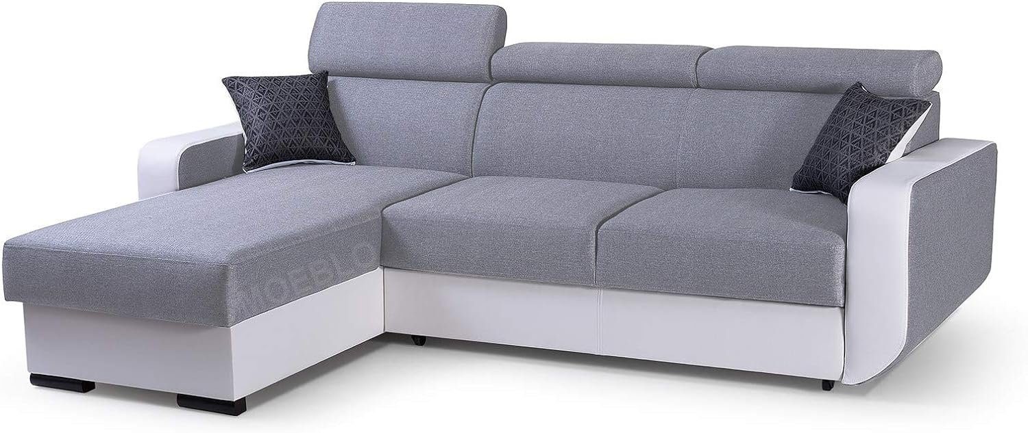 MOEBLO Ecksofa Pedro, Eckcouch Sofa Couch Wohnlandschaft L-Form Polsterecke - 236x165x97 cm, mit Schlaffunktion, mit Bettkasten Hellgrau + Weiß (INARI 91 + MADRYT 120)