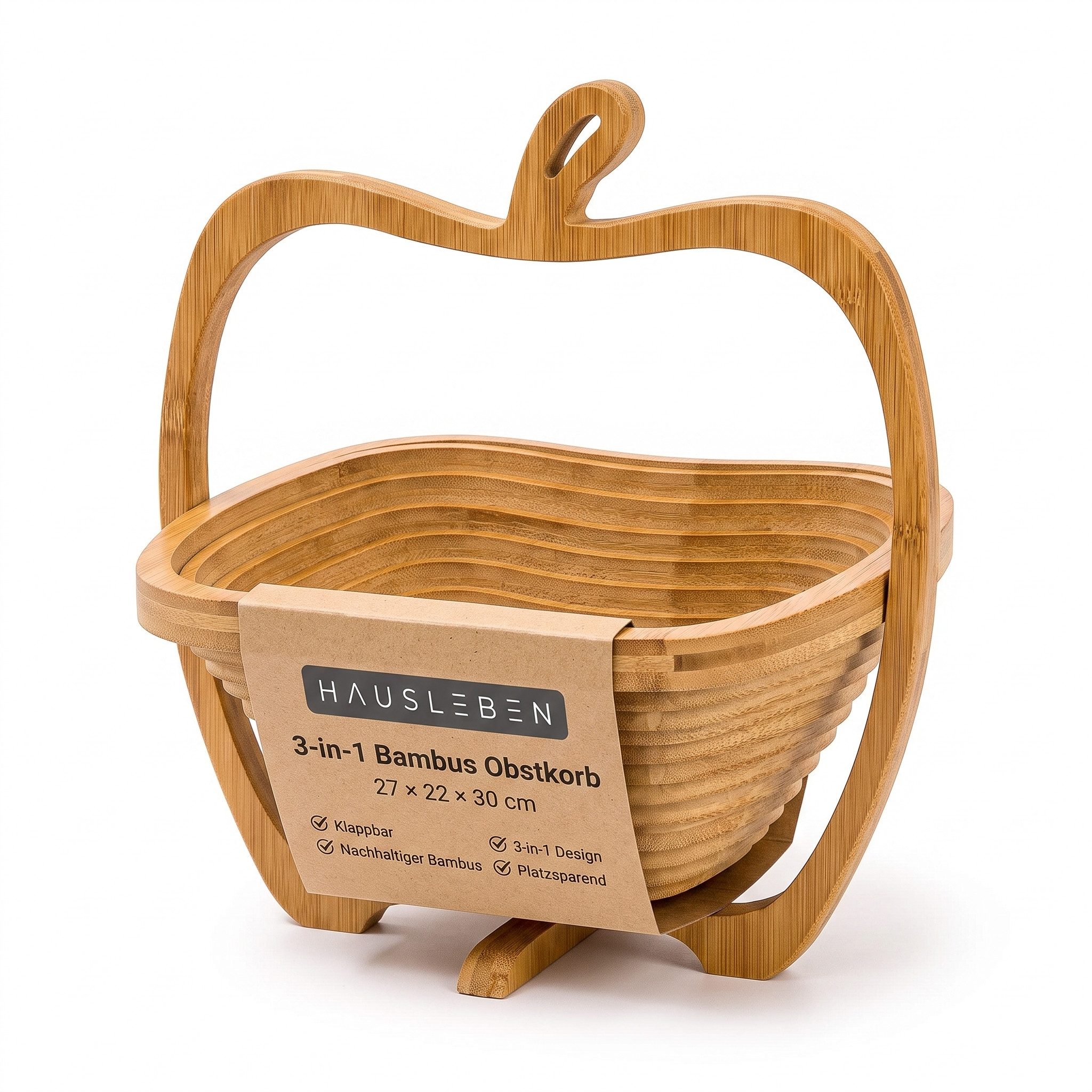 hausleben Obstschale aus Bambus 3-in-1, Bambus, (1-tlg), Faltkorb, Klappbarer Korb & Schneidebrett im Apfel-Design