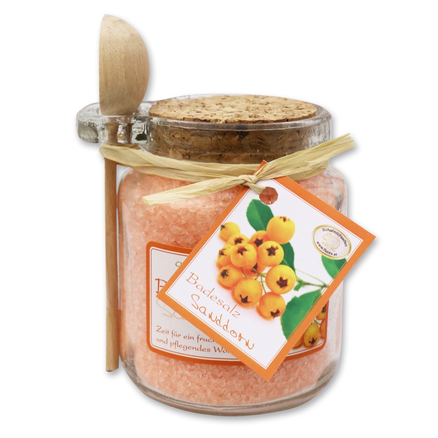 Gerlinde Hofer _ Florex GmbH Badezusatz B1420SD Sanddorn, Badesalz mit Bio Schafmilch im Glas mit Holzlöffel 300 g