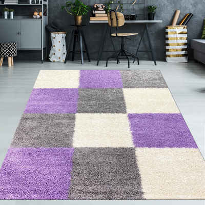 Teppich Hochflor Teppich mit Karo Muster in Grau, Flieder und Creme, TeppichHome24, rechteckig, Höhe: 30 mm