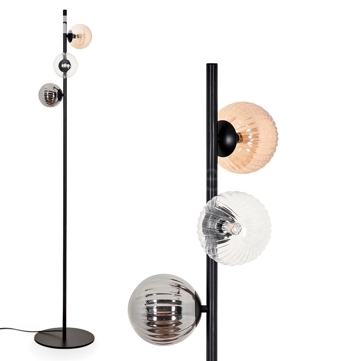 Stehlampe Stehlampe aus Metall/Riffelglas in Schwarz/Rauch/Bernstein/Klar