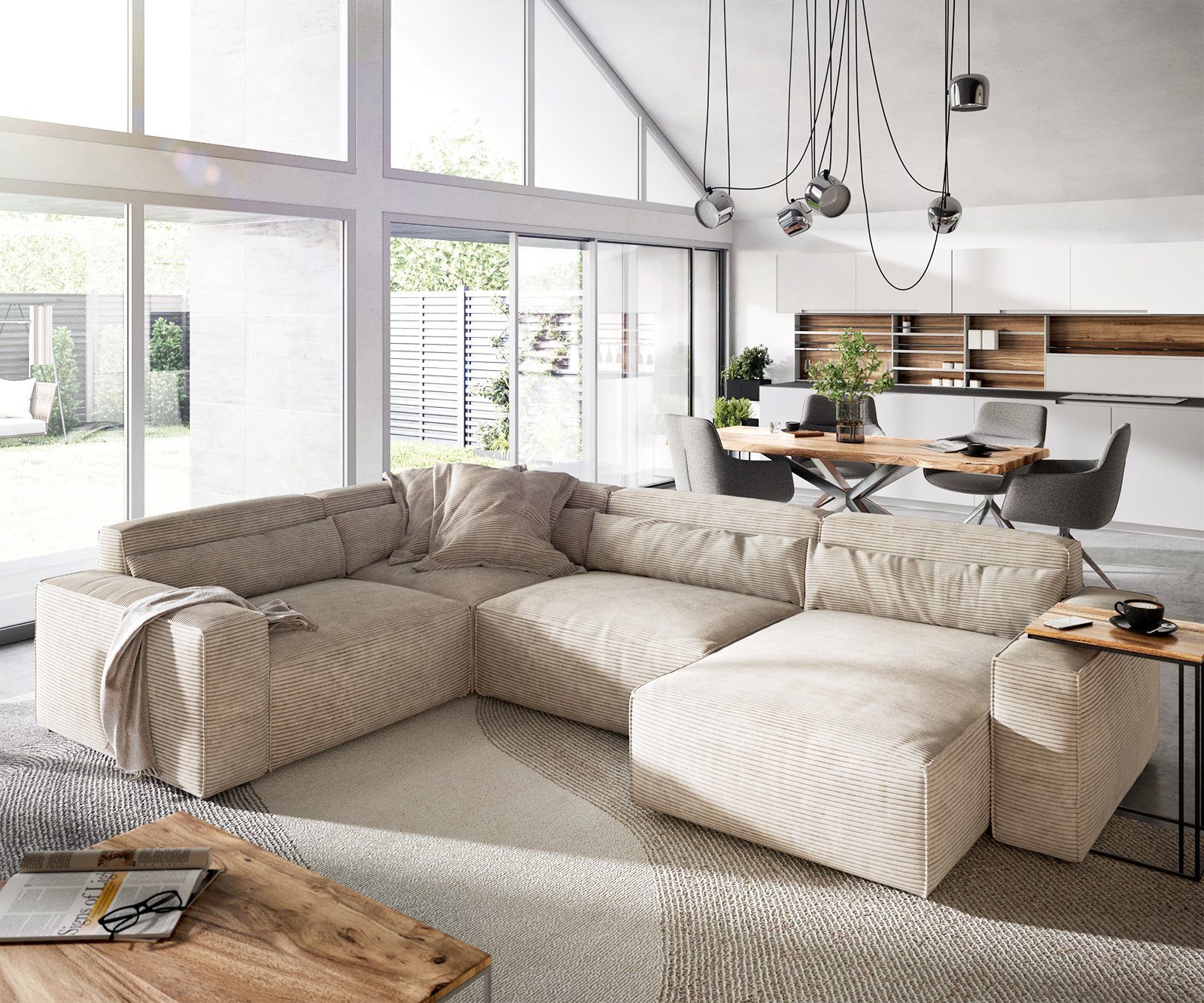 DELIFE Wohnlandschaft Sirpio, Cord Beige 300x210 cm Recamiere variabel