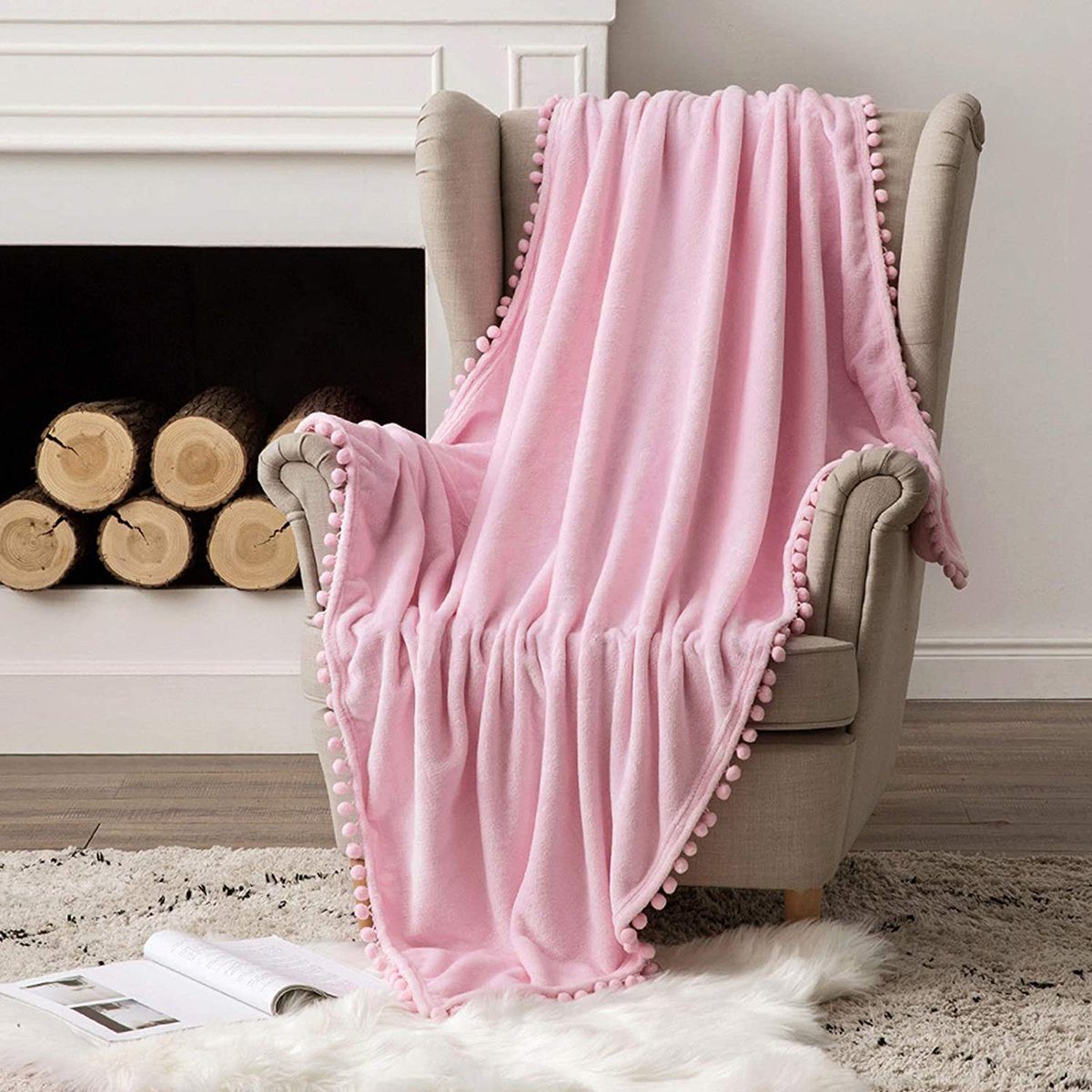Wohndecke Flanell Decke Pompoms Kuscheldecke, weich warm Rose Decken für Wohndecke flauschig, Couch Fleecedecke Sofa und BTTO