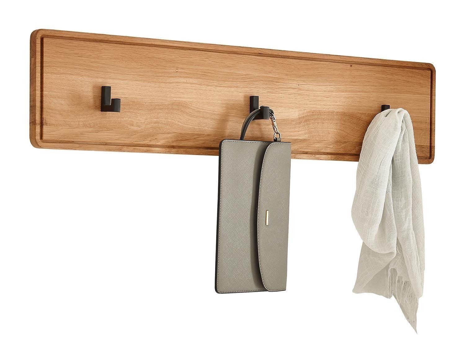 G+K Möbelvertriebs GmbH Wandgarderobe KM-0663, Schwarz, Metall, Wildeiche massiv geölt, 3 Kleiderhaken, B 80 x H 18 x T 6 cm
